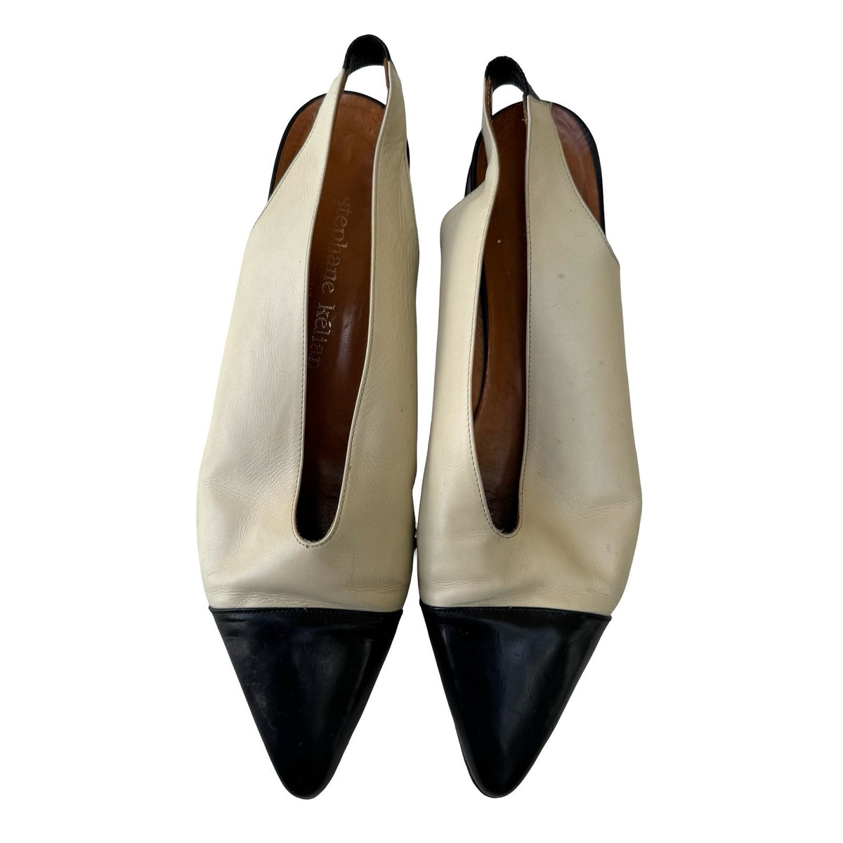 Stephane Kelian Vintage Cap Toe Parisian Slingback Block Heel Cream Black 10