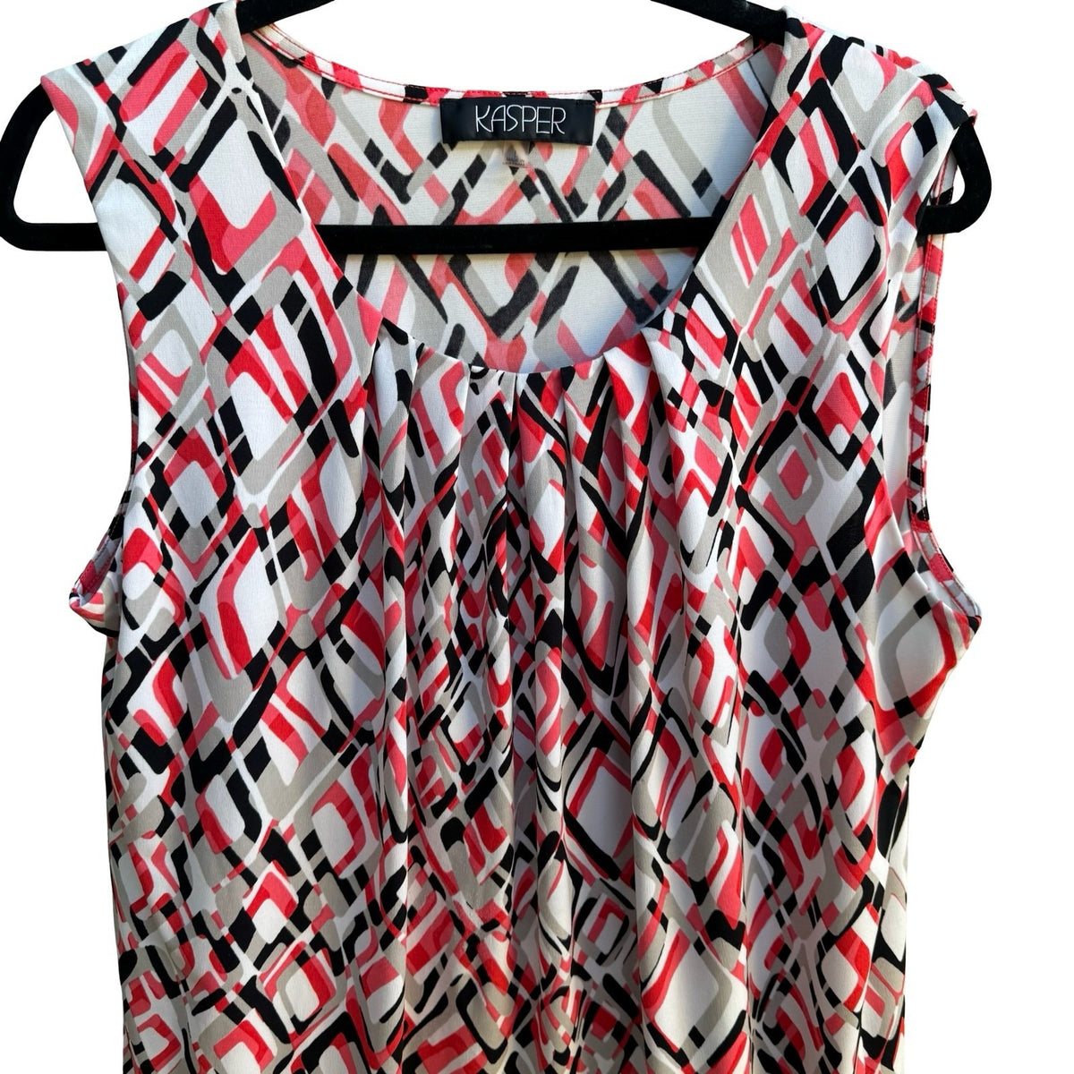 Kasper Careerwear Mod Geometric Pleated Scoop Neck Shell Blouse Red Womens L
