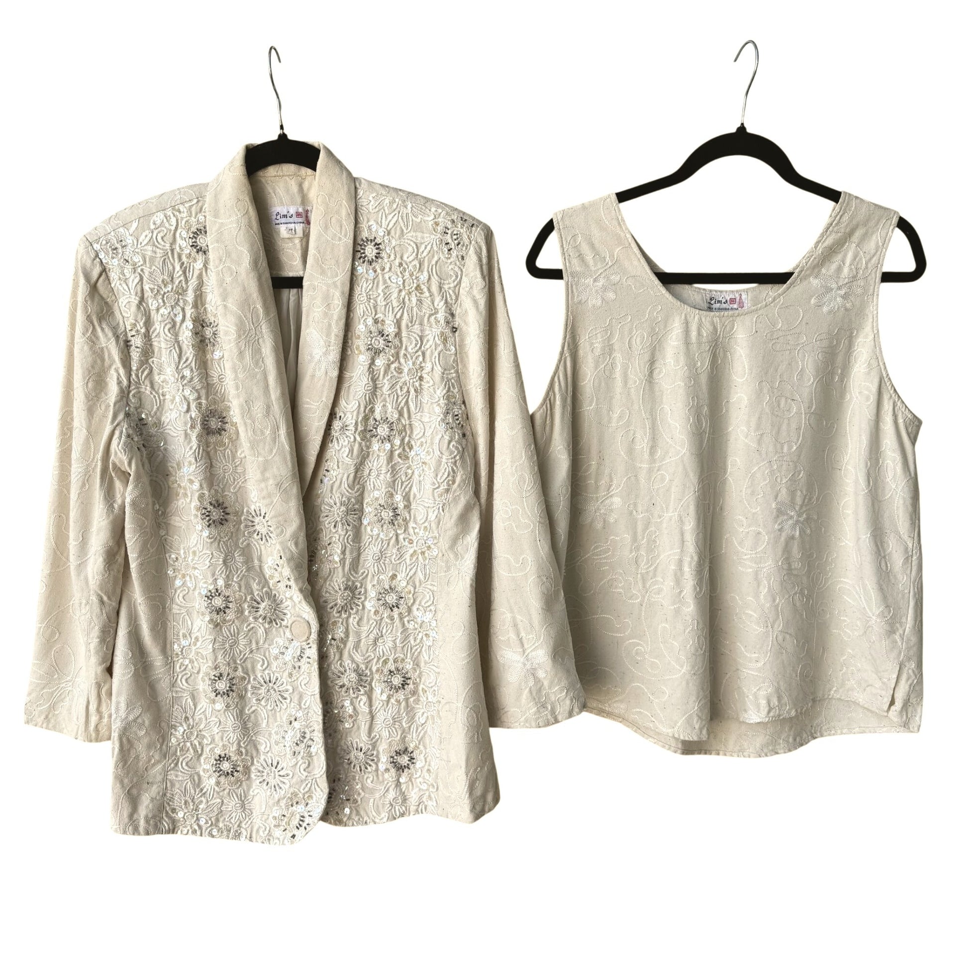 Lims Shanghai Vintage Womens Tan Silk 2-Piece Embroidered Jacket Tank Top Set M