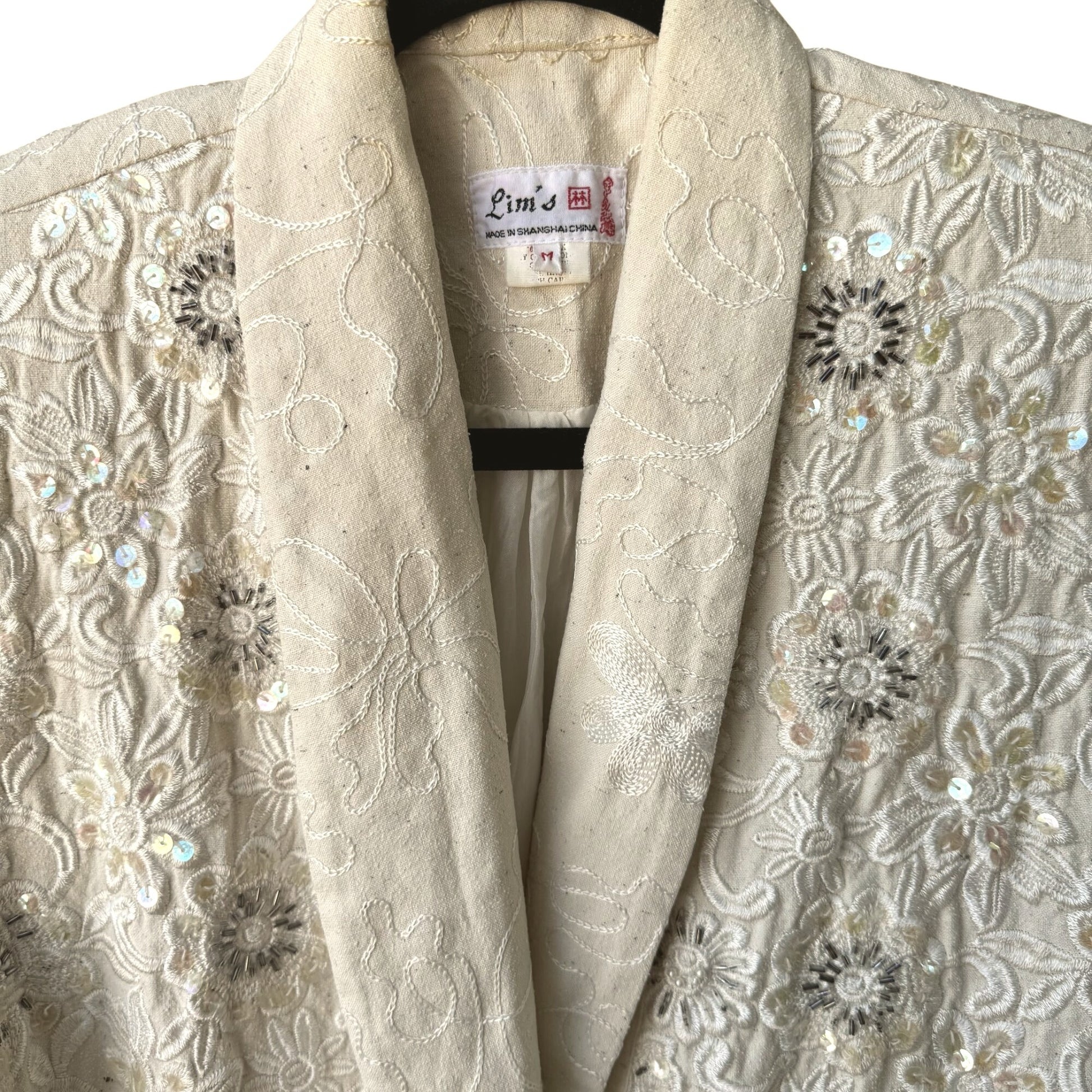 Lims Shanghai Vintage Womens Tan Silk 2-Piece Embroidered Jacket Tank Top Set M