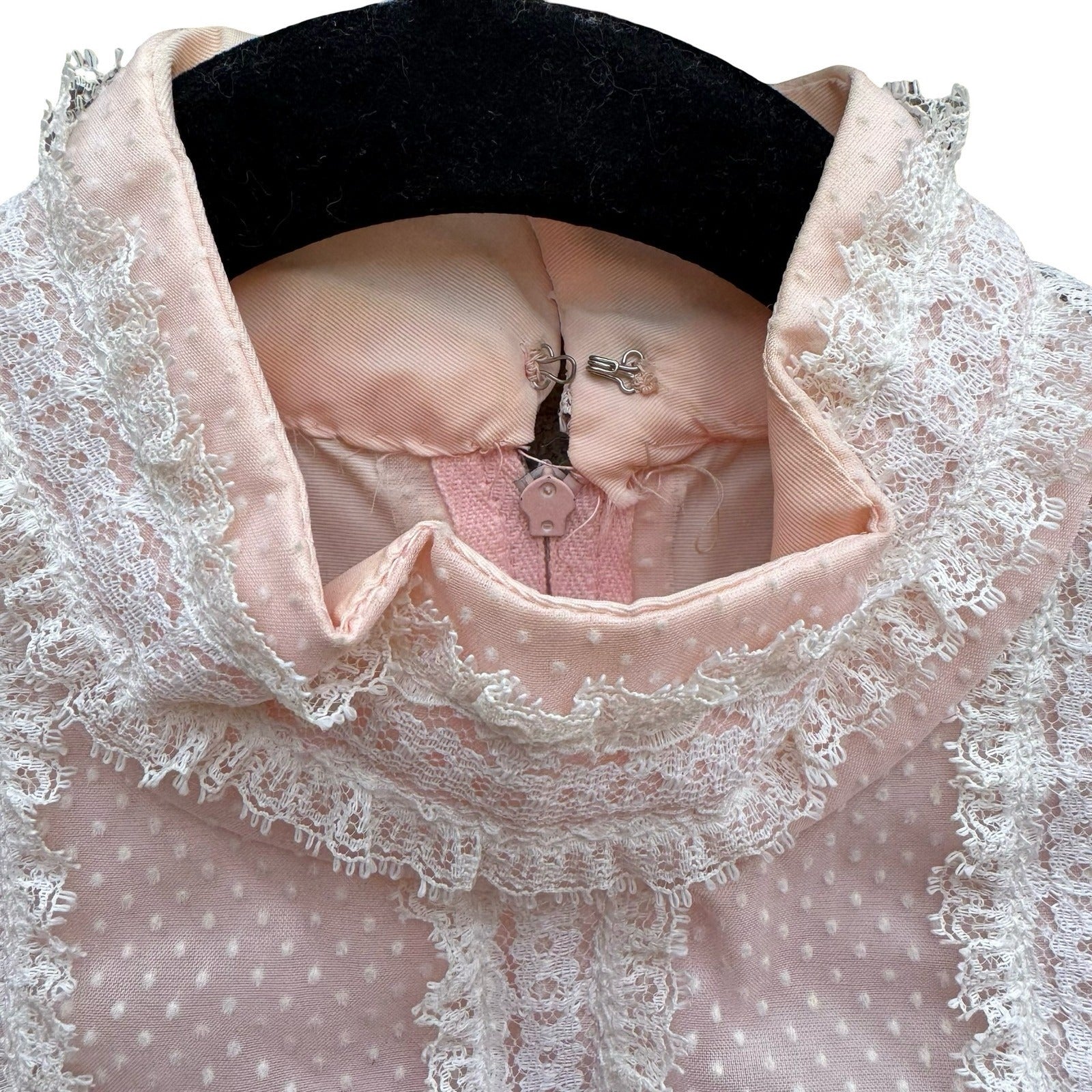 Vintage 70s Victorian Style Pink Swiss Dot Lace Maxi Dress High Neck Long Sleeve