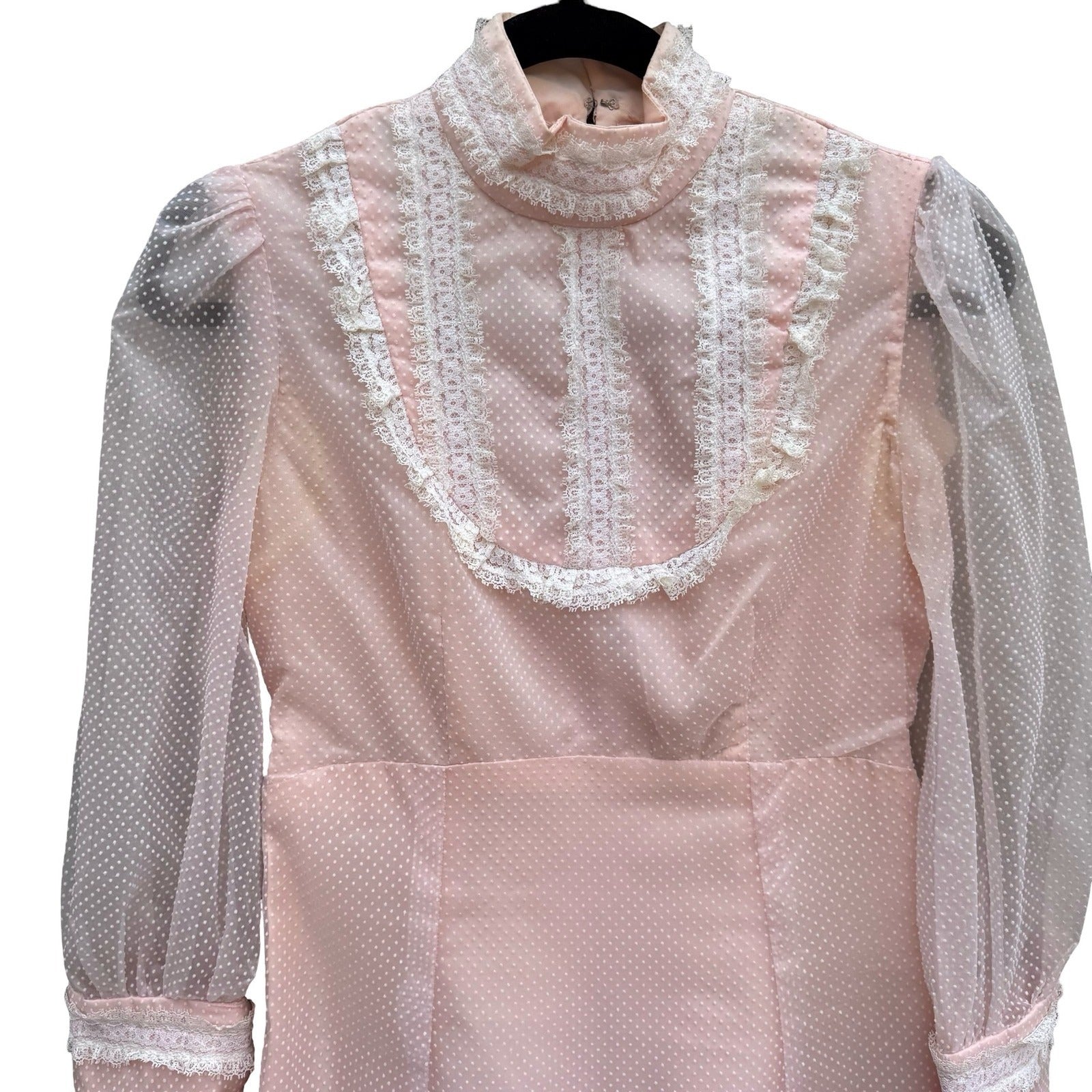 Vintage 70s Victorian Style Pink Swiss Dot Lace Maxi Dress High Neck Long Sleeve