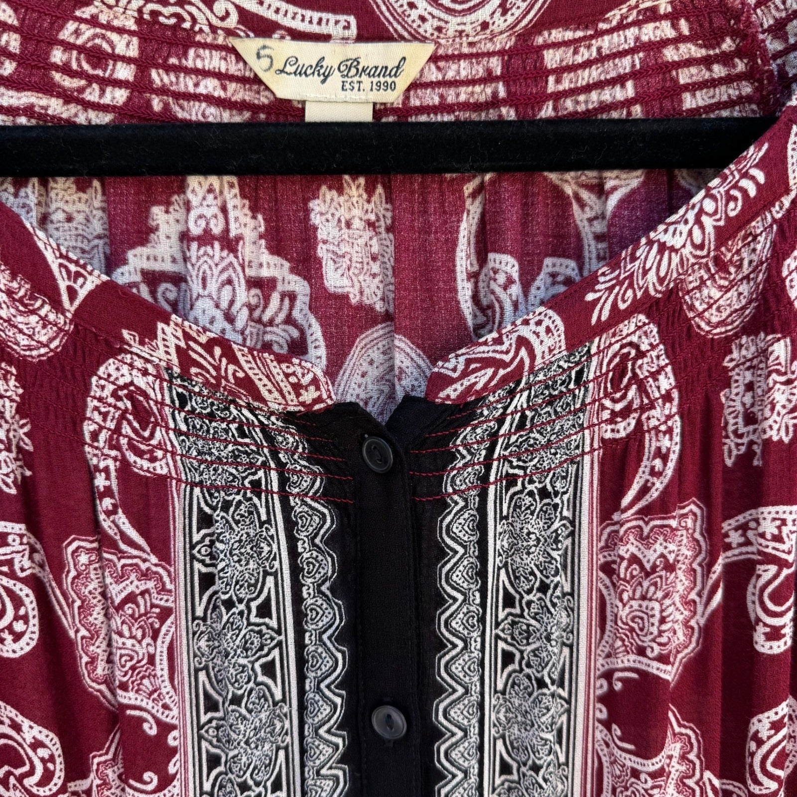 Lucky Brand Boho Peasant Burgundy Paisley Smocked Festival Gypsy Blouse Womens S