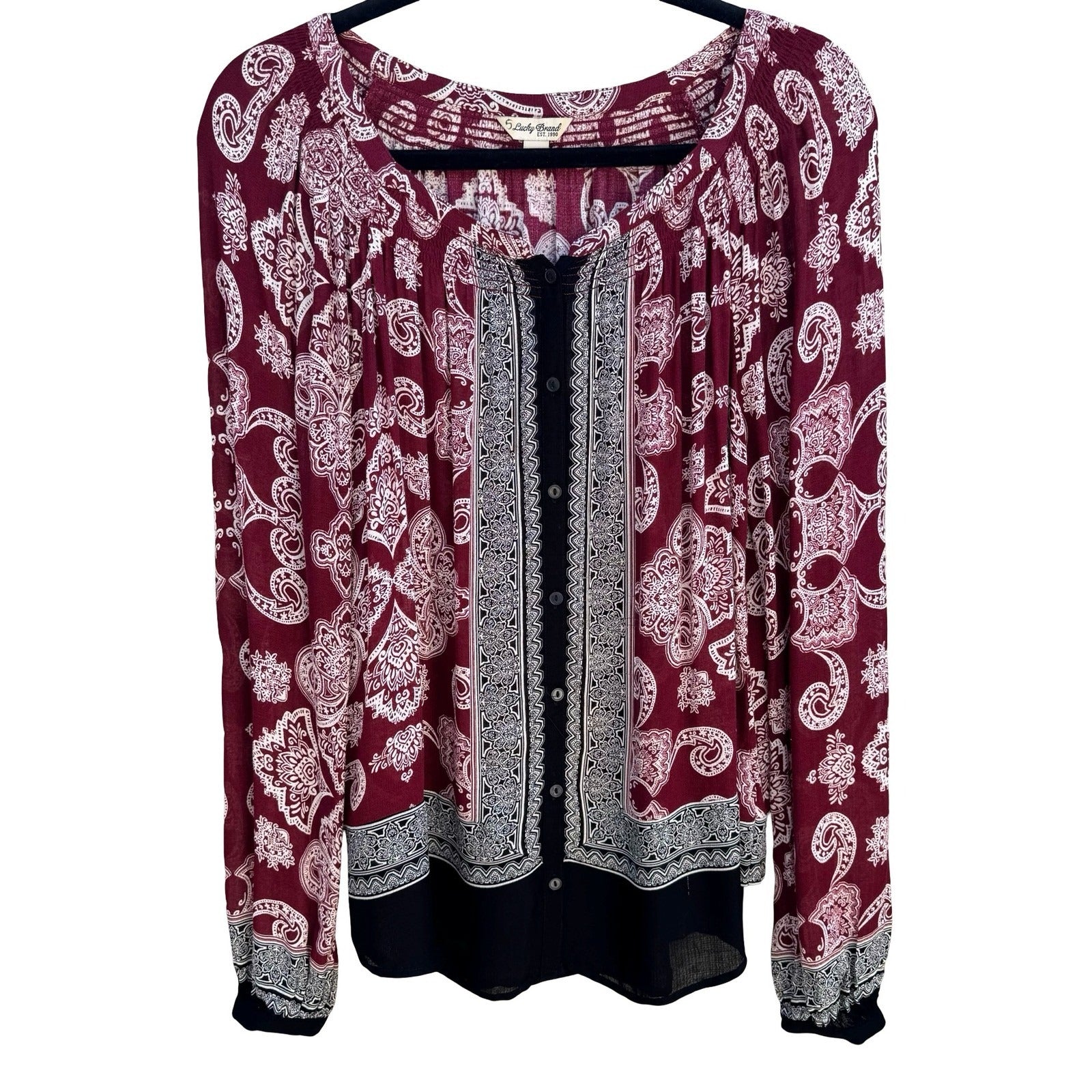 Lucky Brand Boho Peasant Burgundy Paisley Smocked Festival Gypsy Blouse Womens S