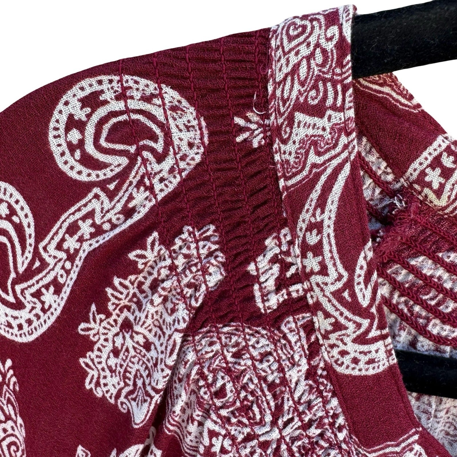 Lucky Brand Boho Peasant Burgundy Paisley Smocked Festival Gypsy Blouse Womens S