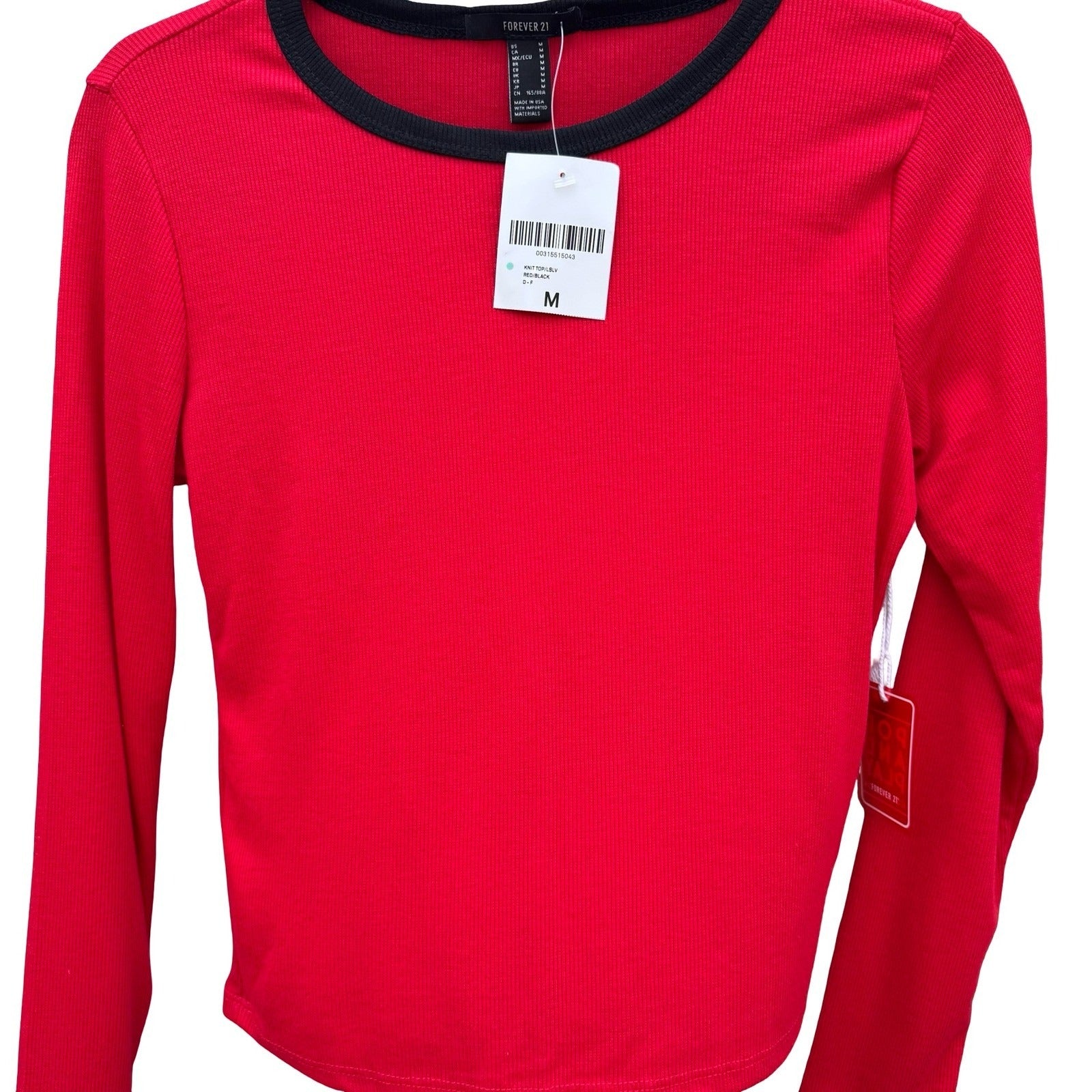Forever 21 Pop and Play Red Ribbed Long Sleeve Ringer Tee Shirt Womens Med New