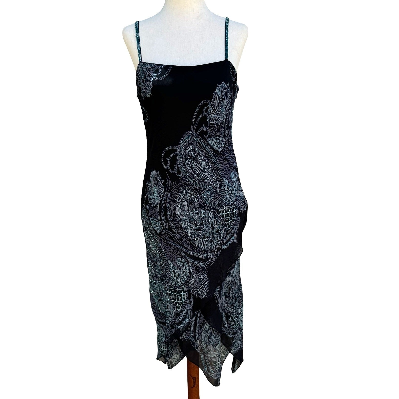 Eva Blue Y2K Paisley Beaded Whimsigoth Handkerchief Hem Slip Dress Black 10P