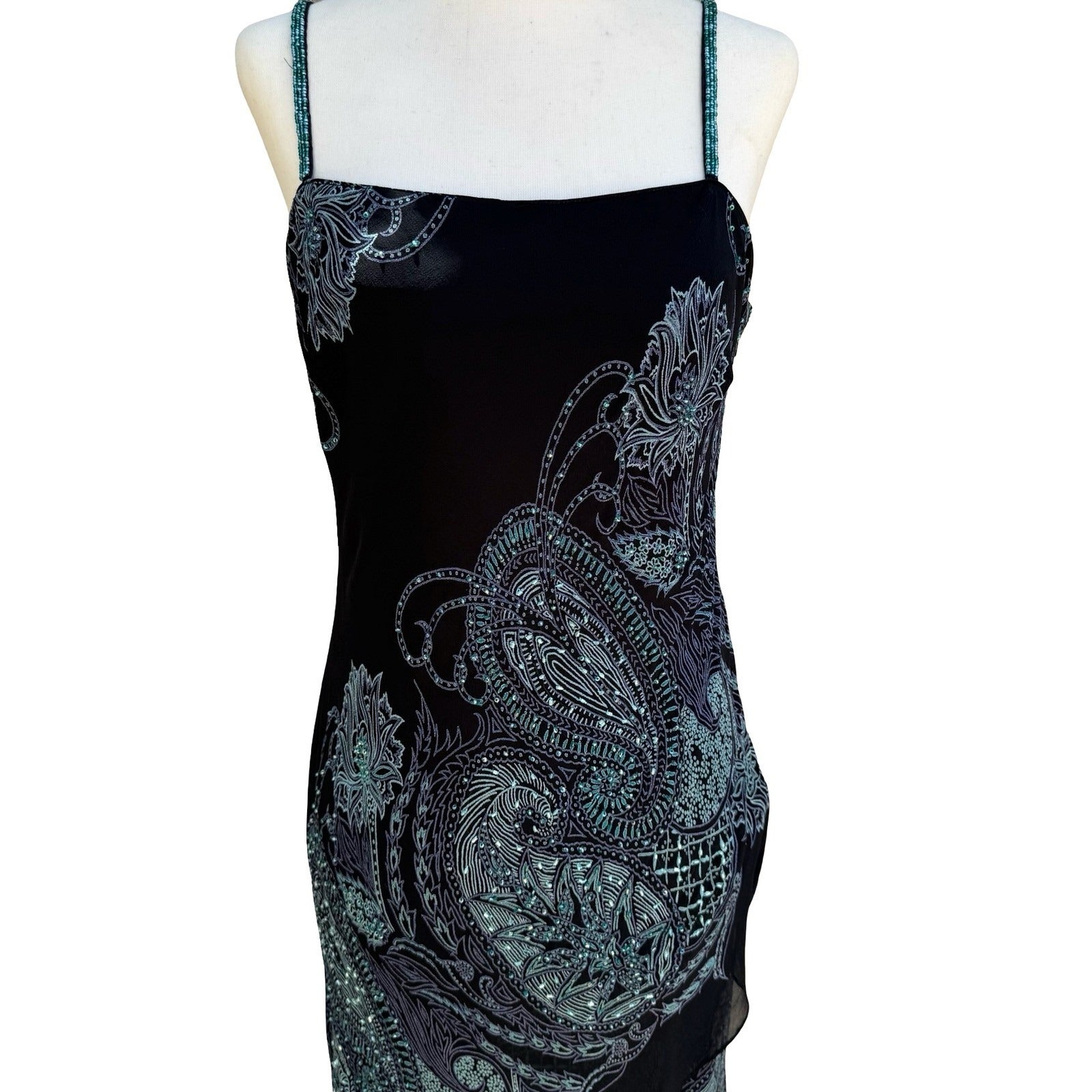 Eva Blue Y2K Paisley Beaded Whimsigoth Handkerchief Hem Slip Dress Black 10P