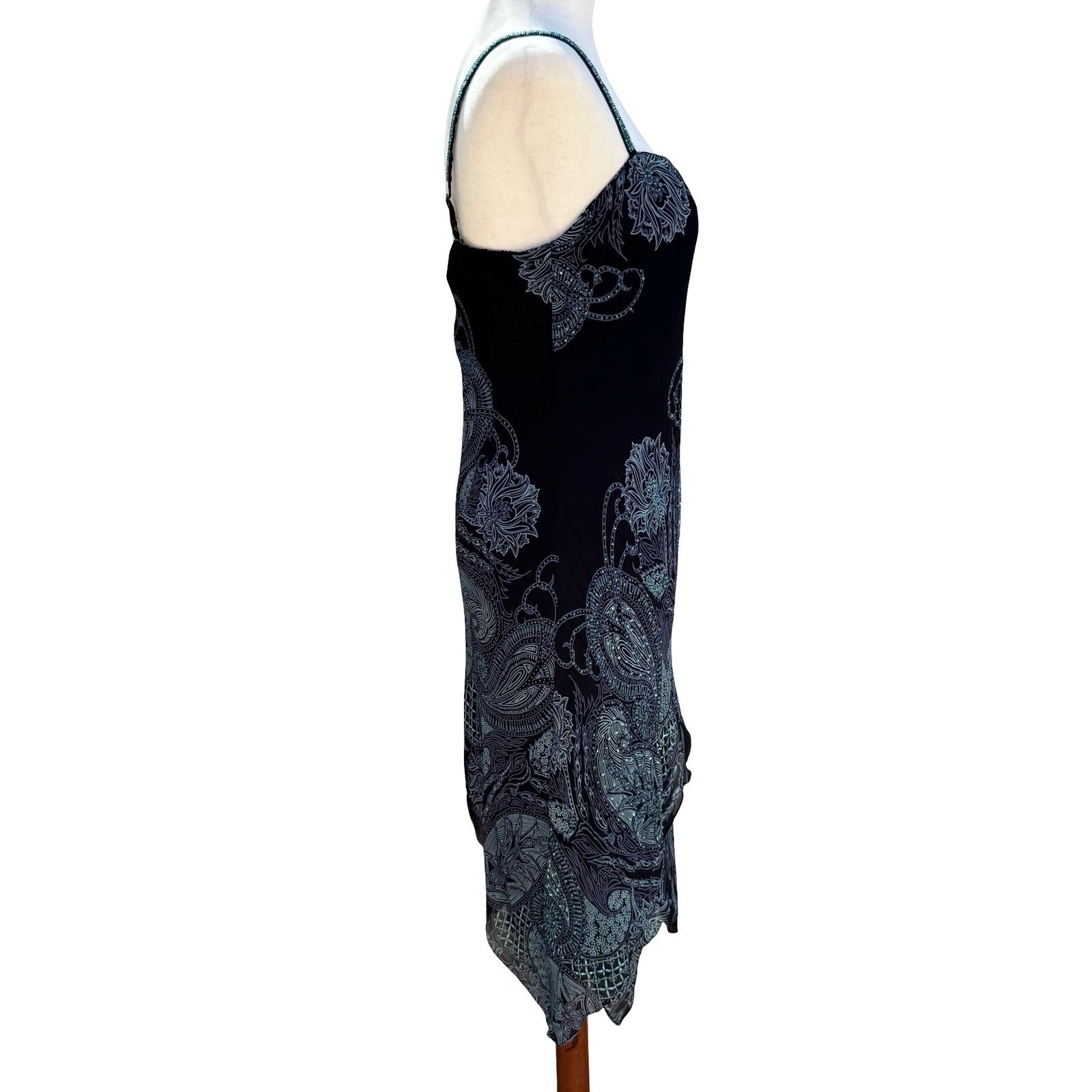Eva Blue Y2K Paisley Beaded Whimsigoth Handkerchief Hem Slip Dress Black 10P