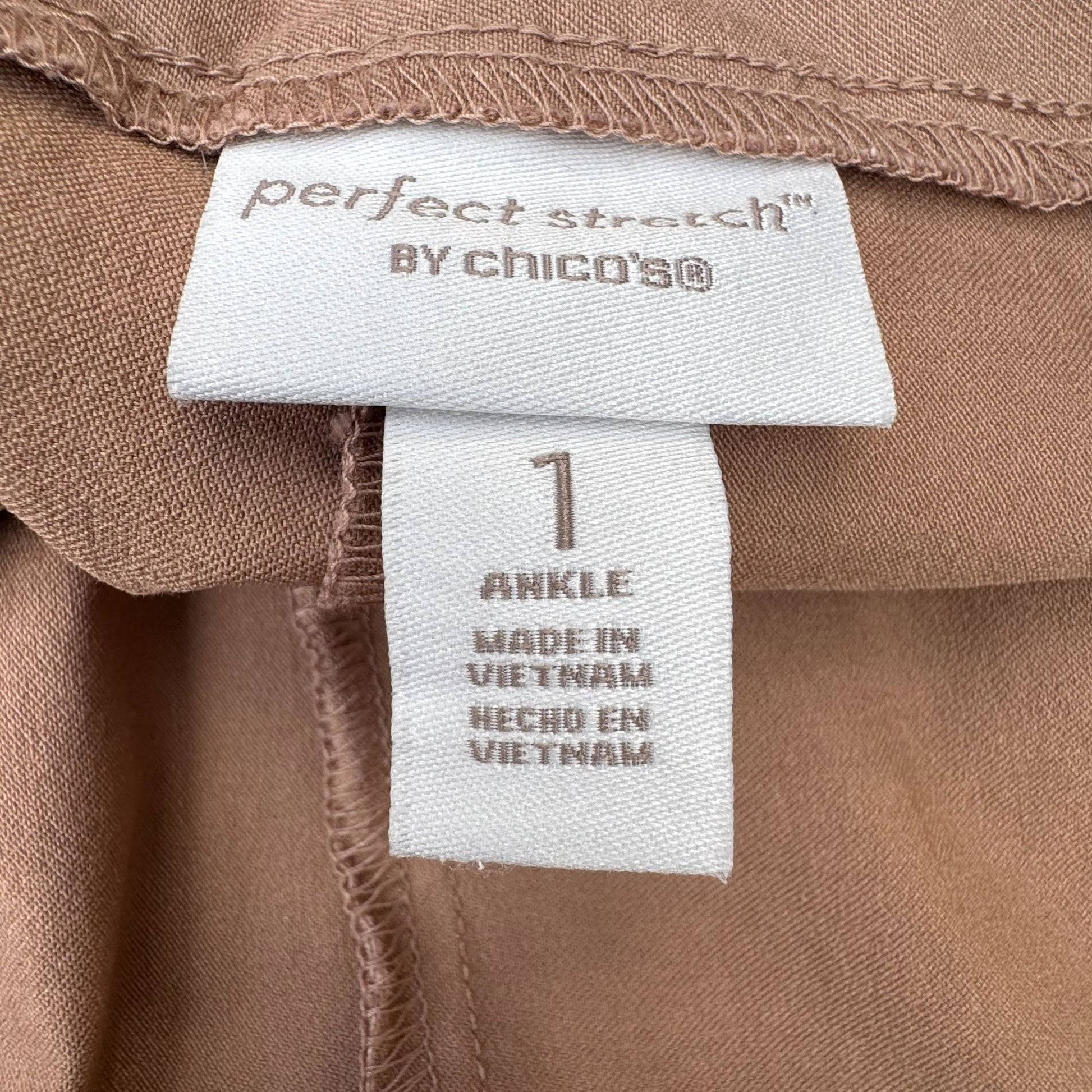 Chicos Perfect Stretch Ankle Pants Size 1 Button Hem Womens Elastic Waist Tan