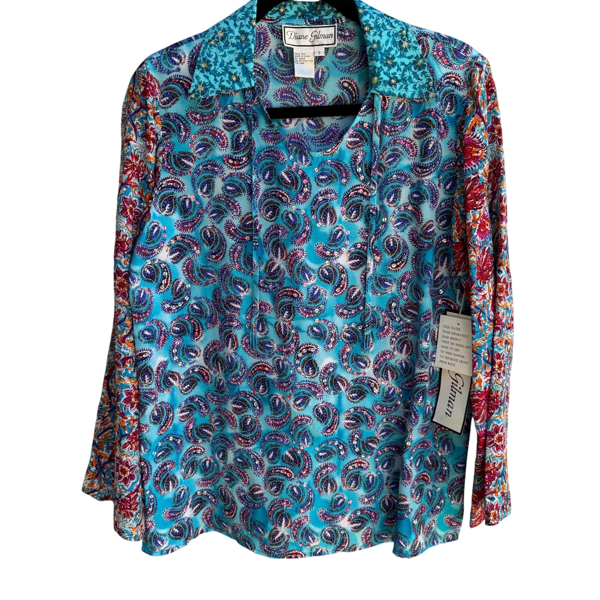 Diane Gilman Silk Paisley Long Sleeve Sequins Beads Shirt Blouse Tunic New S