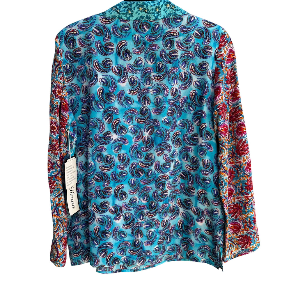 Diane Gilman All Silk Blue Paisley Sequin Blouse Floral Sleeve NWT Womens S Boho