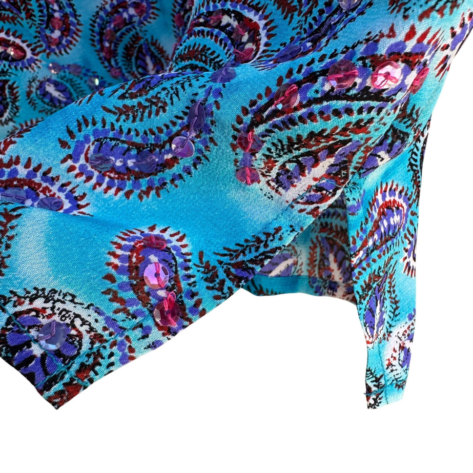 Diane Gilman All Silk Blue Paisley Sequin Blouse Floral Sleeve NWT Womens S Boho