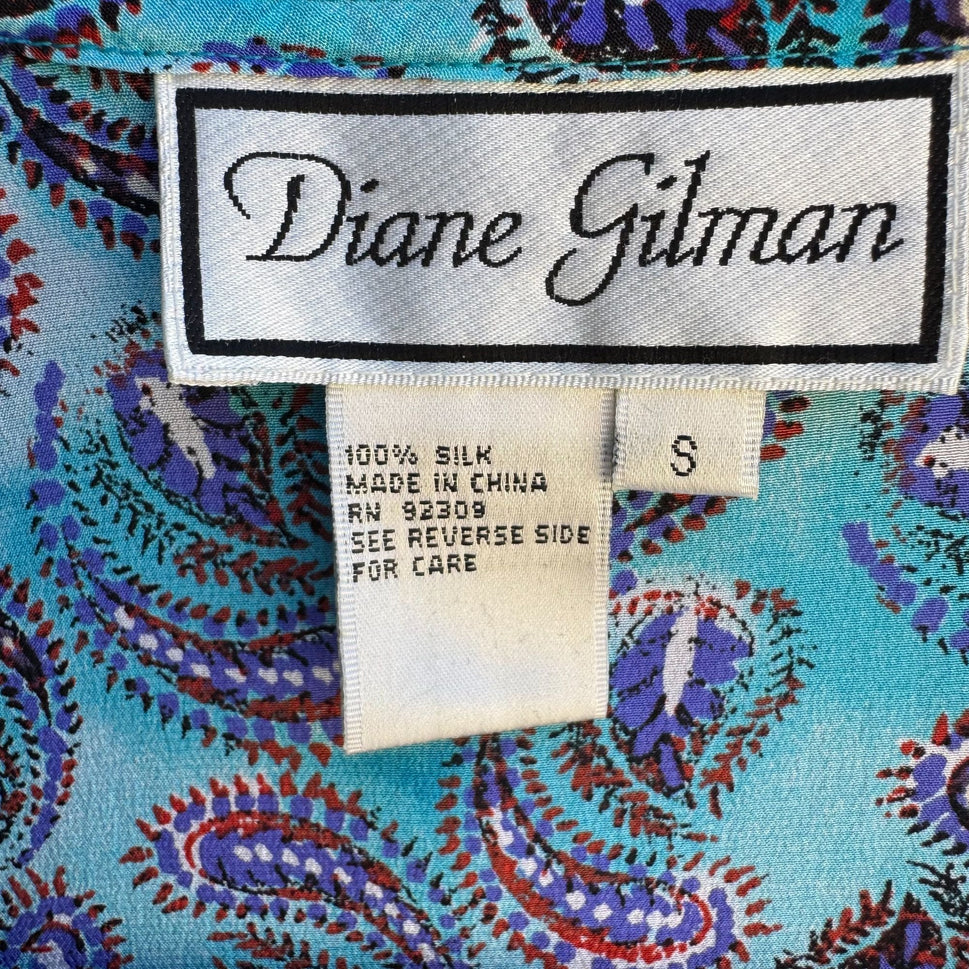 Diane Gilman All Silk Blue Paisley Sequin Blouse Floral Sleeve NWT Womens S Boho