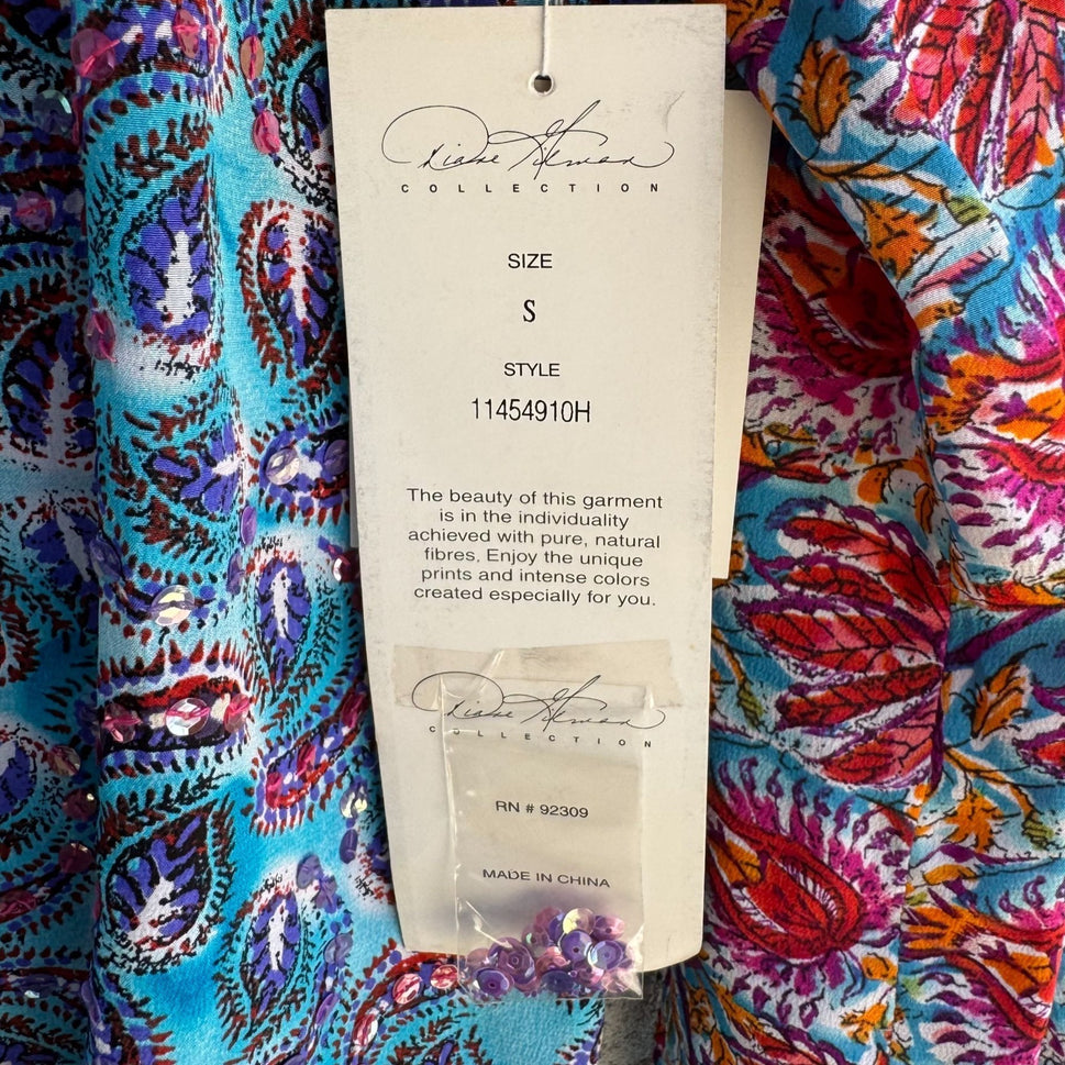 Diane Gilman All Silk Blue Paisley Sequin Blouse Floral Sleeve NWT Womens S Boho
