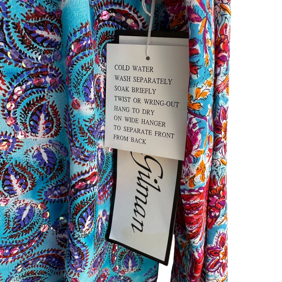 Diane Gilman All Silk Blue Paisley Sequin Blouse Floral Sleeve NWT Womens S Boho