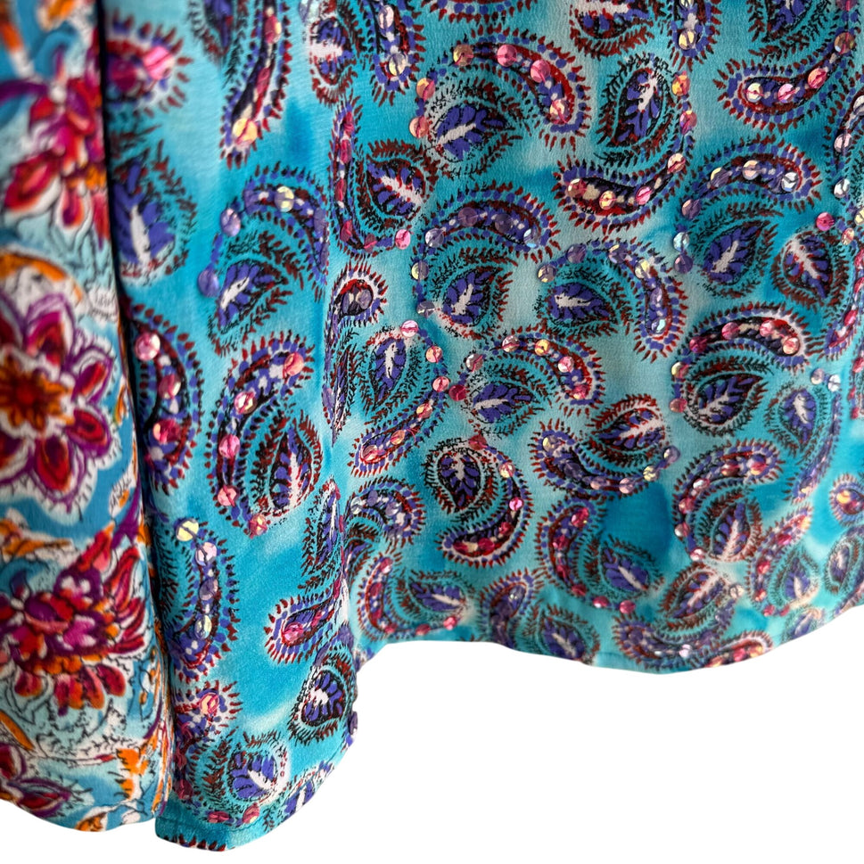 Diane Gilman All Silk Blue Paisley Sequin Blouse Floral Sleeve NWT Womens S Boho