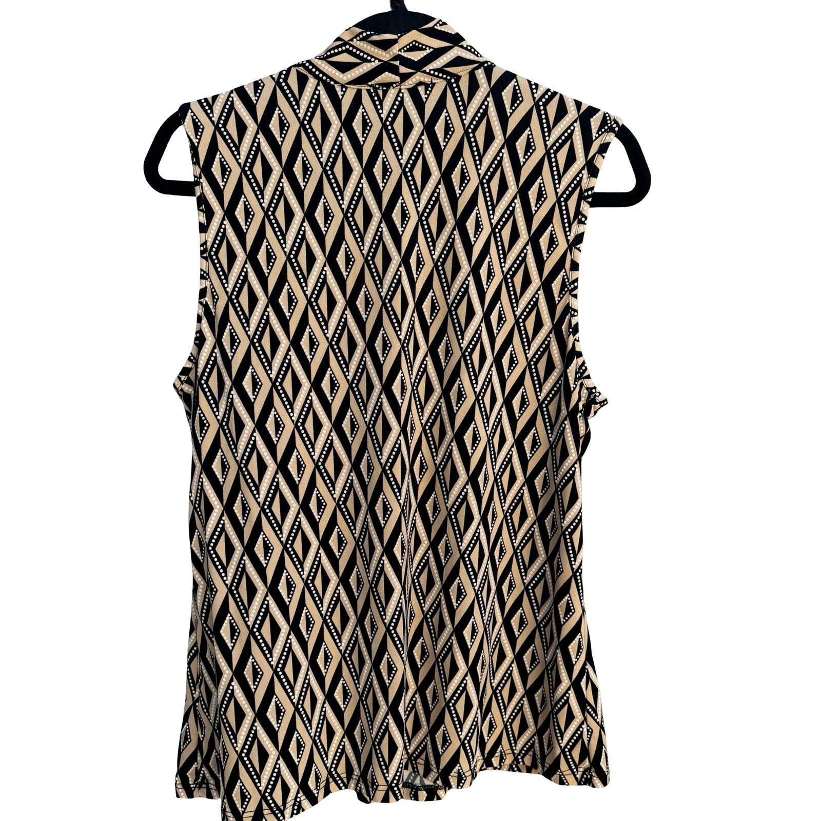 Worthington Geometric Diamond Print Mod Sleeveless V-Neck Blouse Tan Black Small