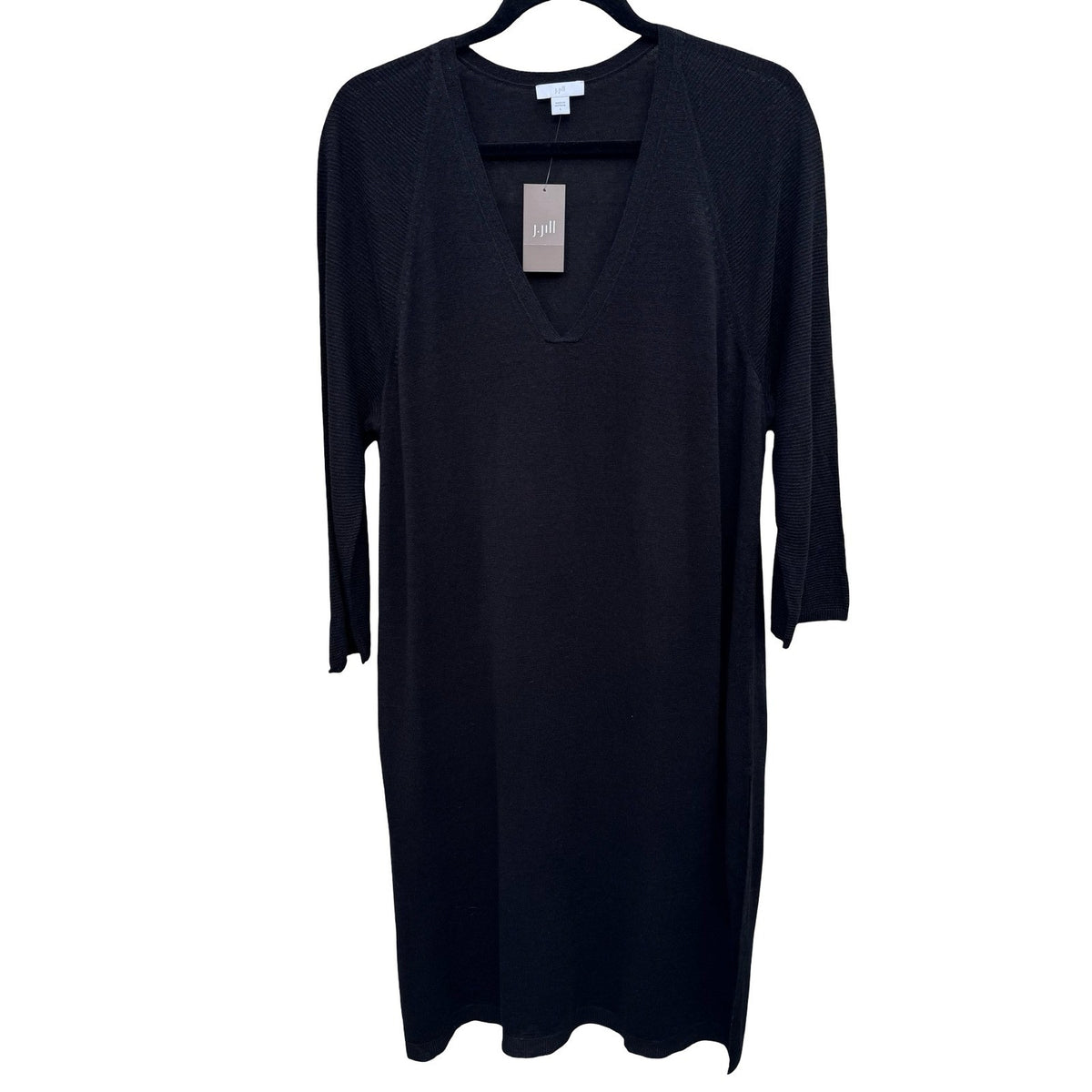 J Jill Minimalist Lagenlook V-Neck Knitwear Midi Sweater Dress Black Women L New