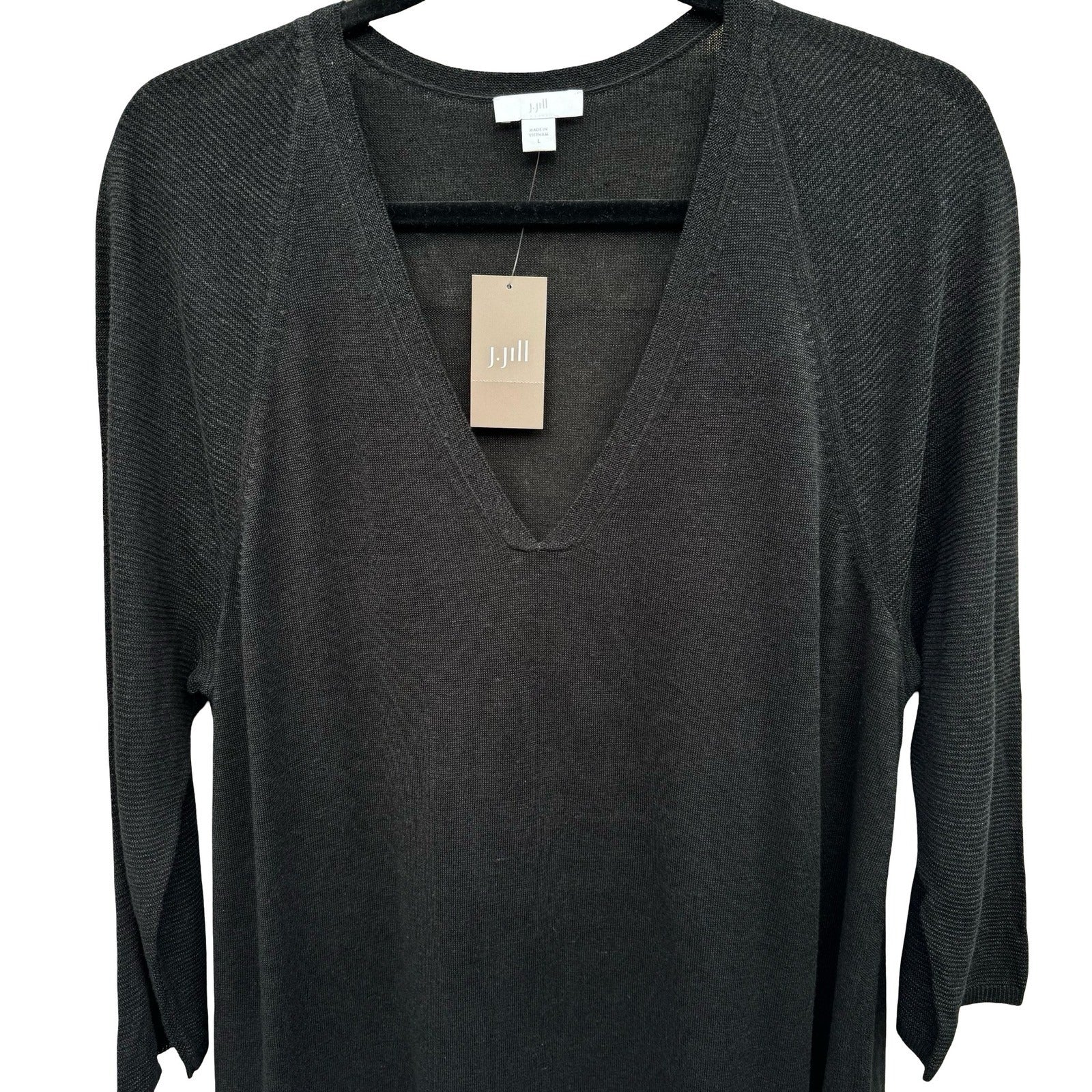 J Jill Minimalist Lagenlook V-Neck Knitwear Midi Sweater Dress Black Women L New