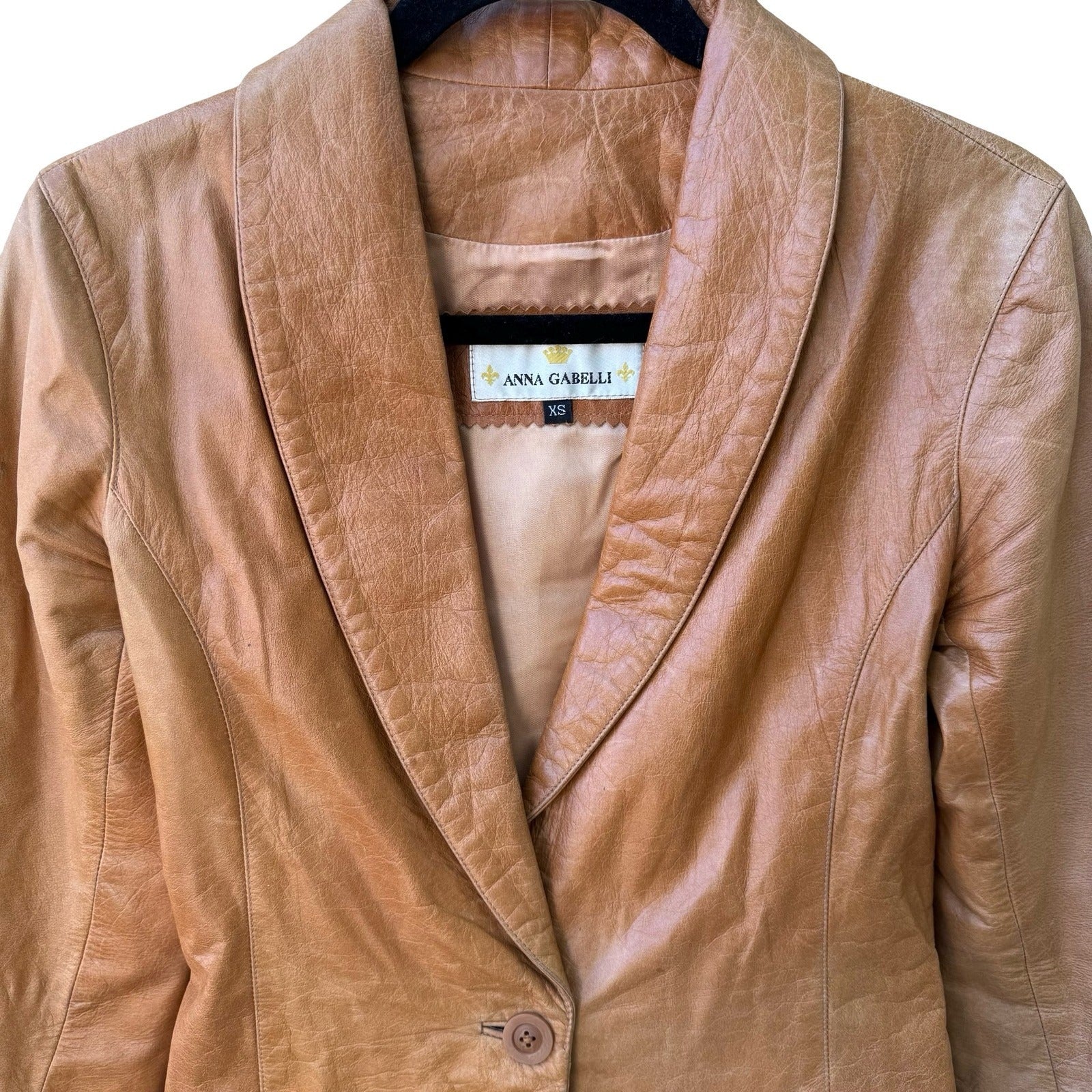 Anna Gabelli Y2K Minimalist Chic Luxury Leather Shawl Lapel Blazer Jacket Tan XS