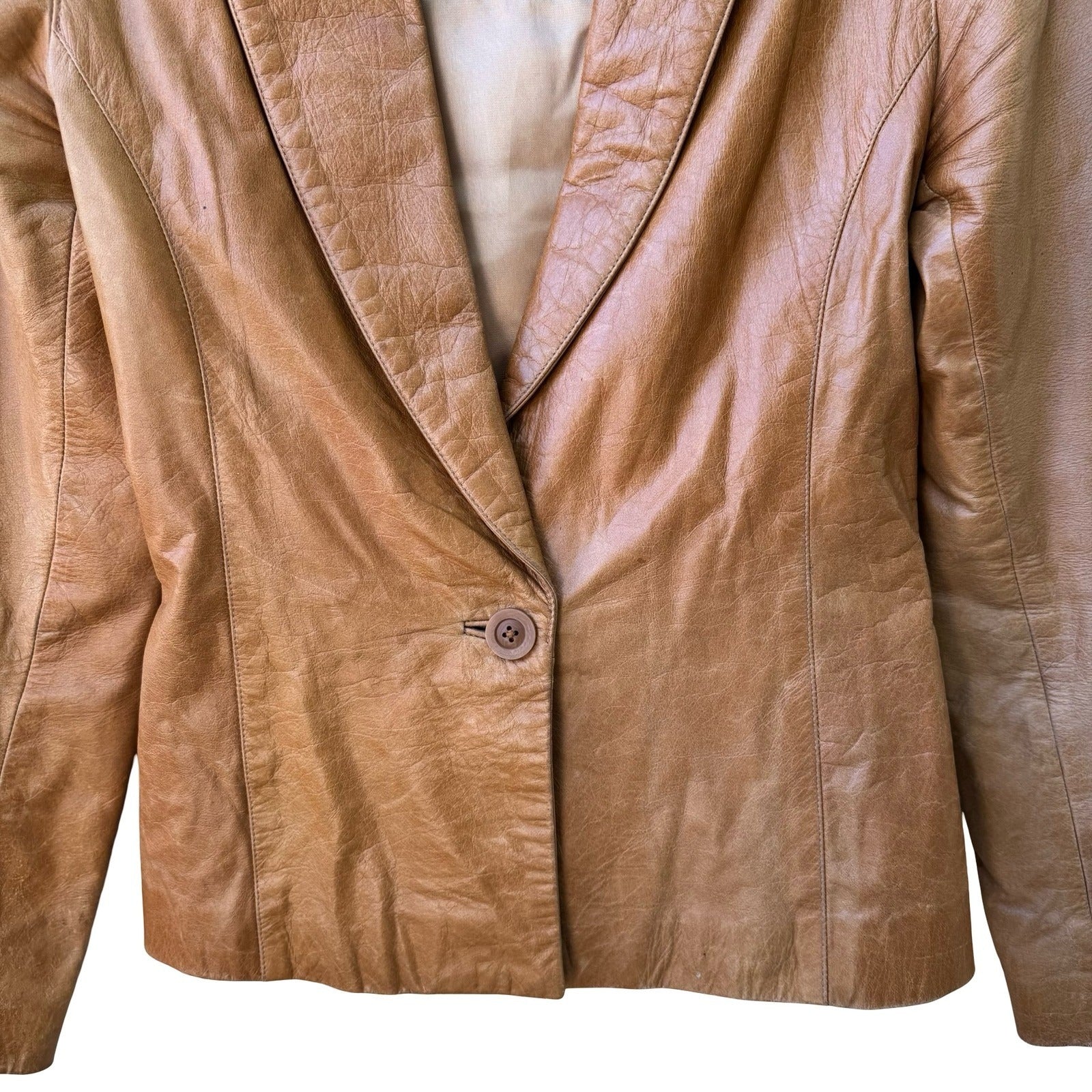 Anna Gabelli Y2K Minimalist Chic Luxury Leather Shawl Lapel Blazer Jacket Tan XS