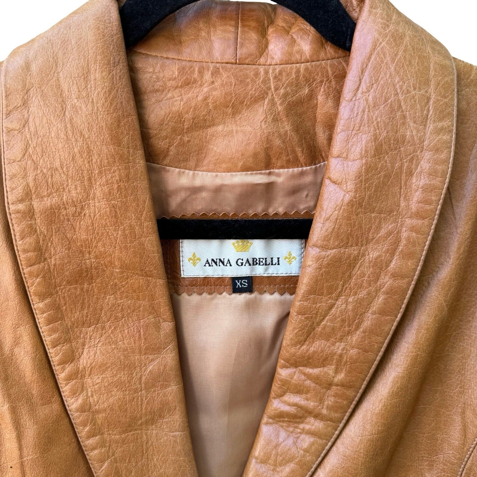 Anna Gabelli Y2K Minimalist Chic Luxury Leather Shawl Lapel Blazer Jacket Tan XS