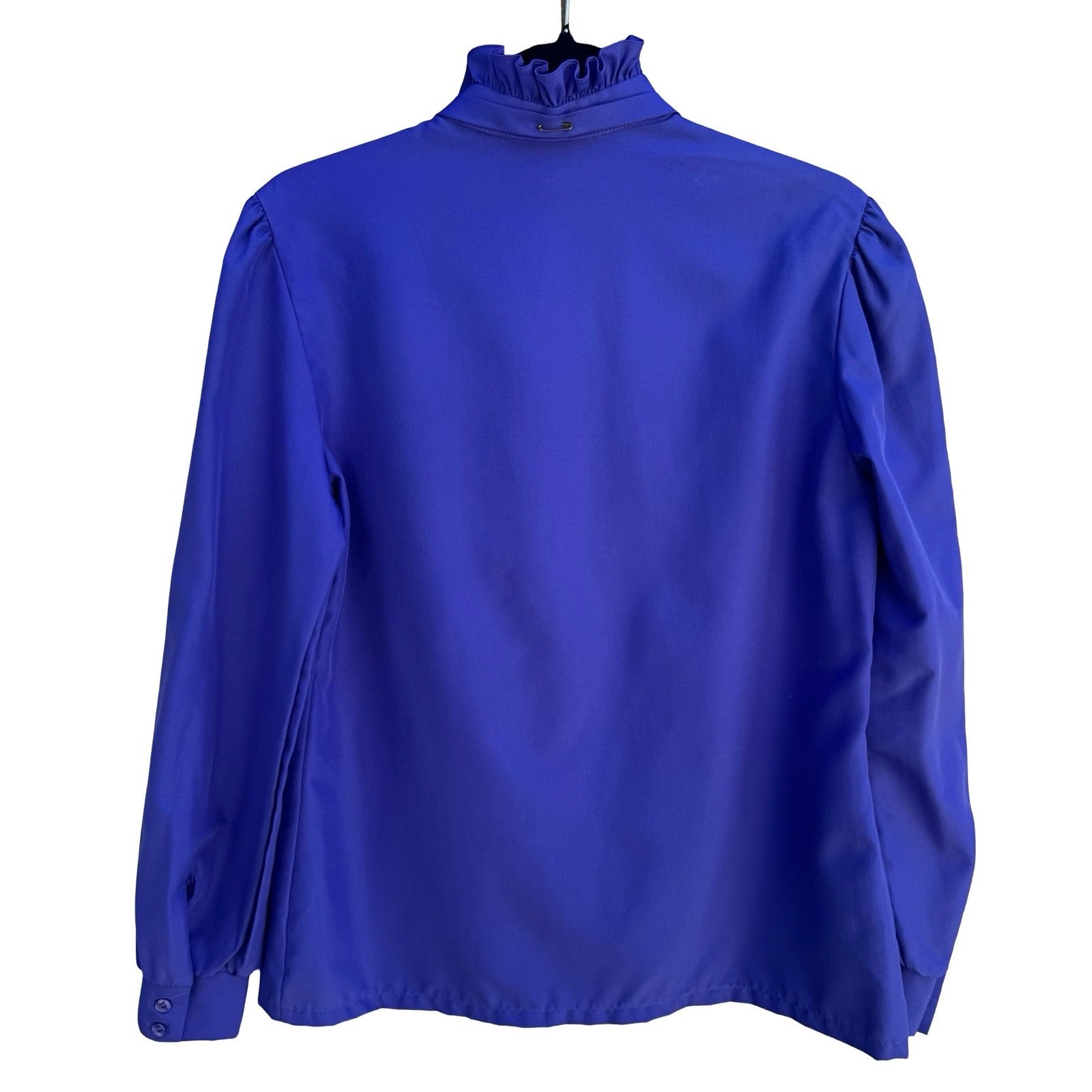 Judy Bond Vintage 80s Ruffle Neck Tie Blouse Blue Secretary Librarian Preppy 12