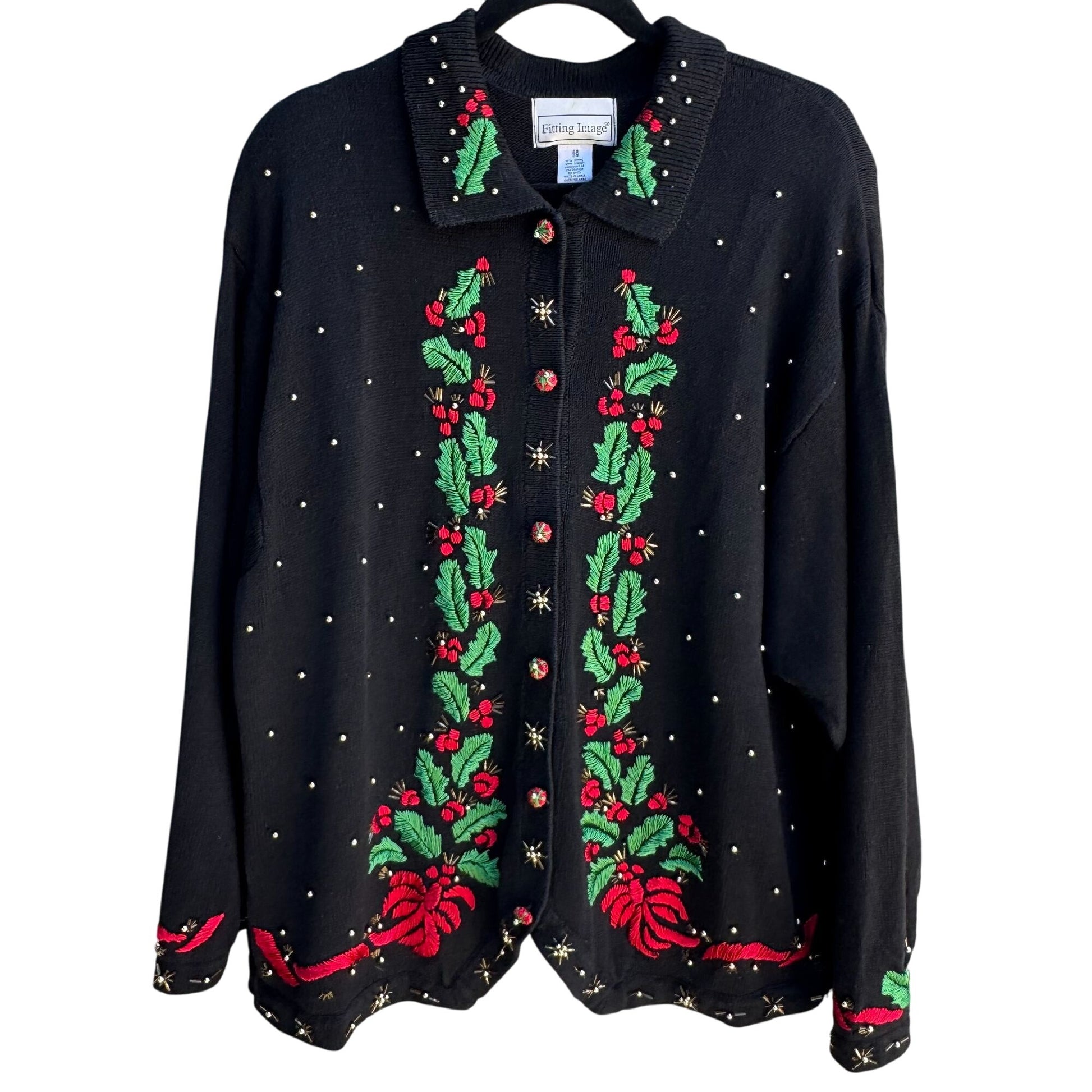 Fitting Image Vintage Womens Beaded Holiday Embroidered Knit Cardigan Sweater 2X