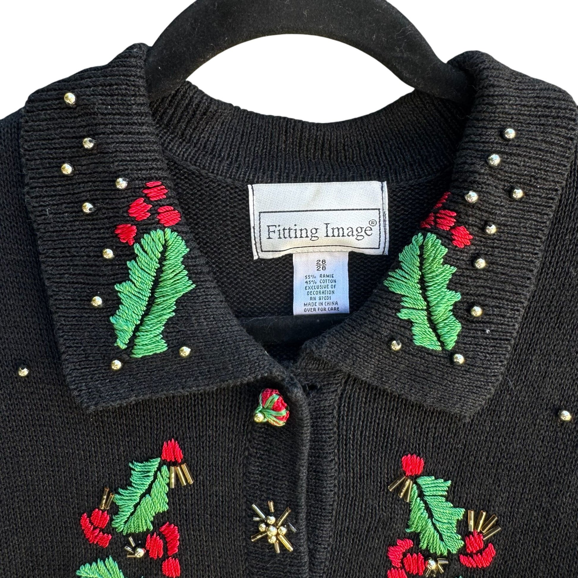 Fitting Image Vintage Womens Beaded Holiday Embroidered Knit Cardigan Sweater 2X