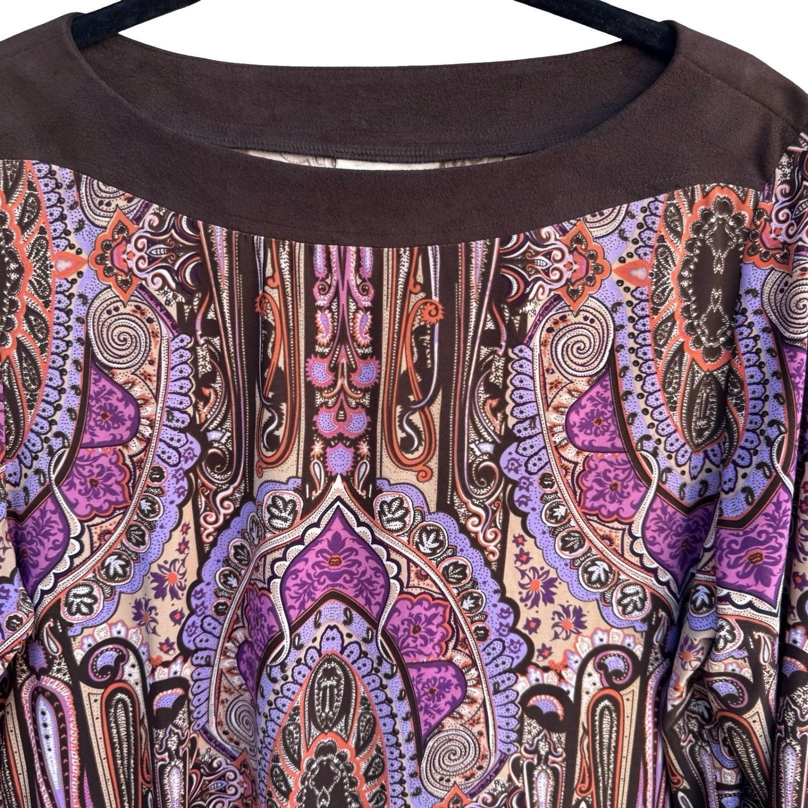 Style & Co Paisley Medallion Boat Neck Top Purple Brown Faux Suede 3/4 Sleeve