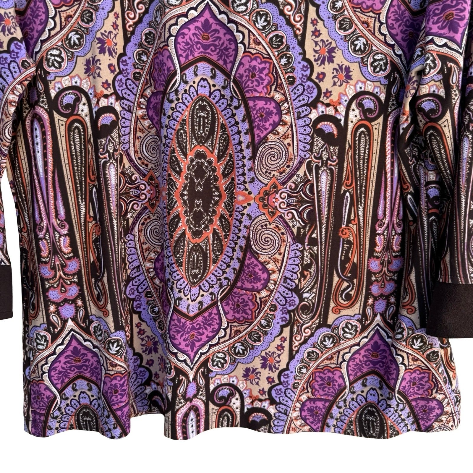 Style & Co Paisley Medallion Boat Neck Top Purple Brown Faux Suede 3/4 Sleeve