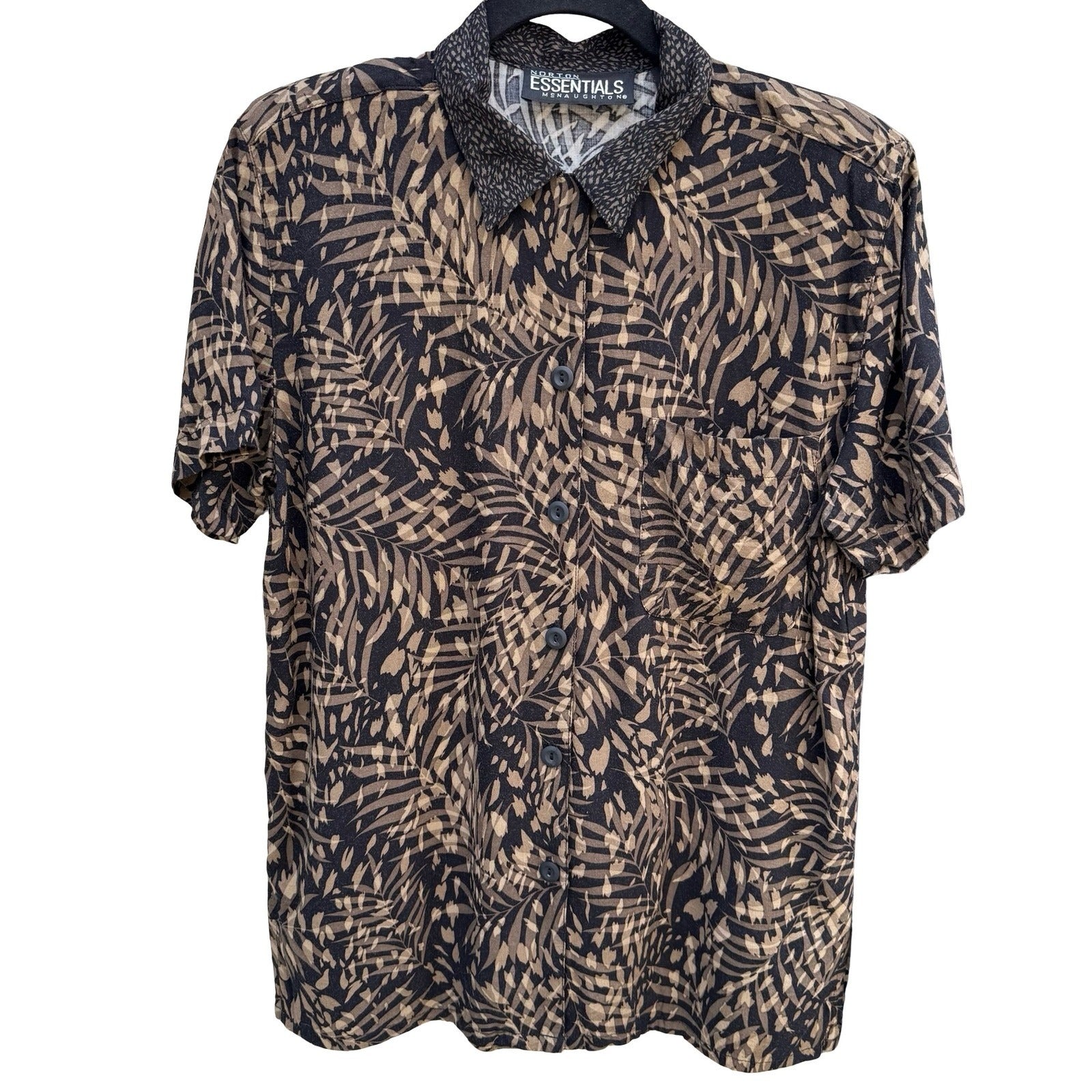 Norton Essentials Vintage 2 Piece Set Rayon Palm Print Shirt & Pants Brown Med