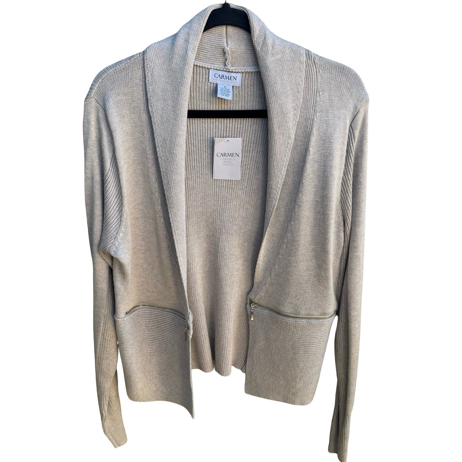Carmen Marc Valvo Minimalist Quiet Luxury Ribbed Zip Detail Cardigan Tan XL NEW