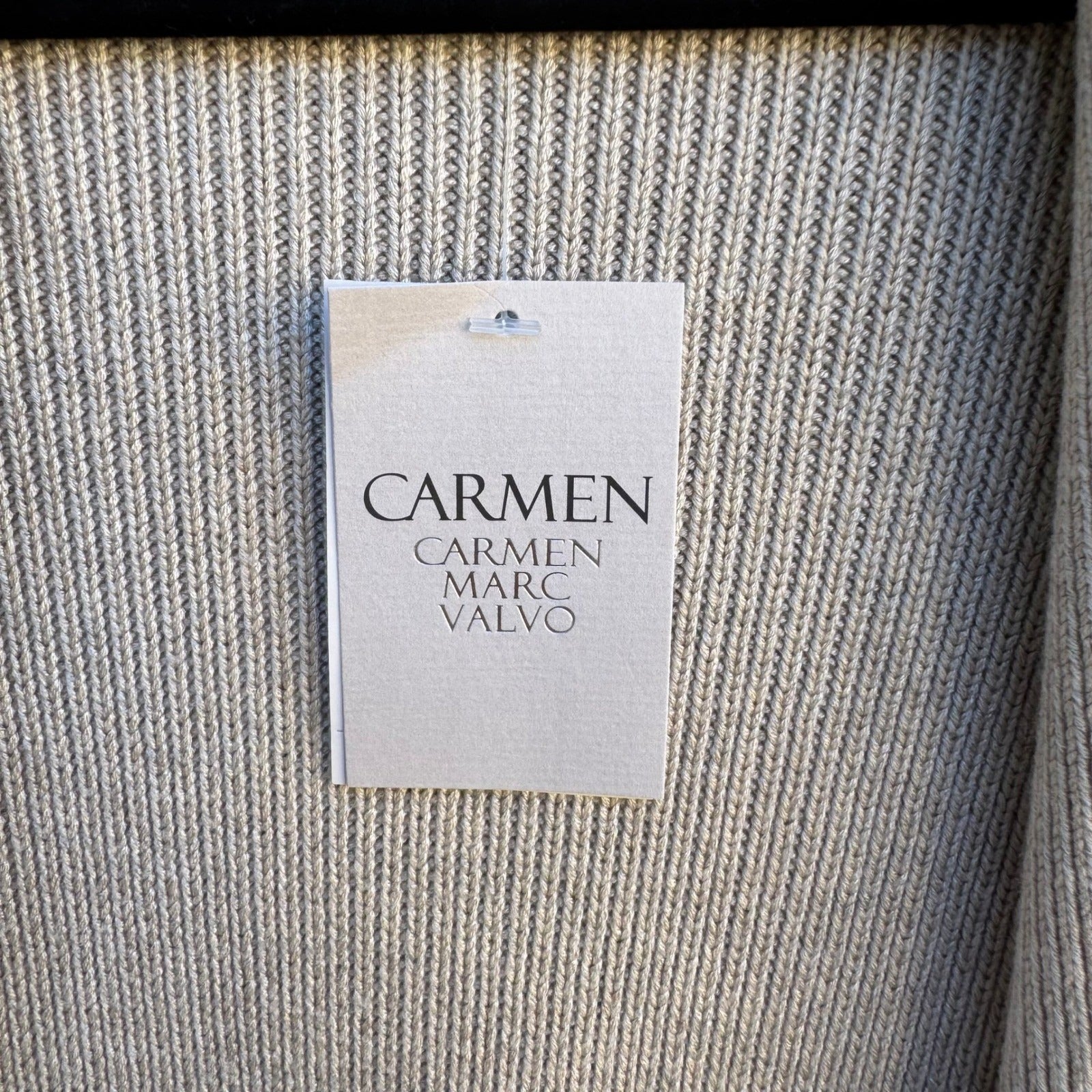 Carmen Marc Valvo Minimalist Quiet Luxury Ribbed Zip Detail Cardigan Tan XL NEW