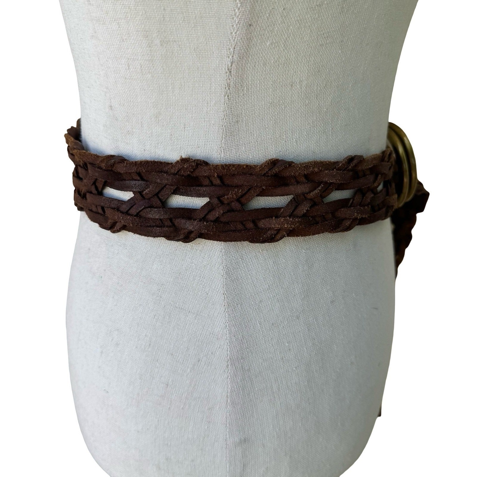 Vintage Wide Braided Leather Belt Double O-Ring Buckle Boho Western Woven Brown