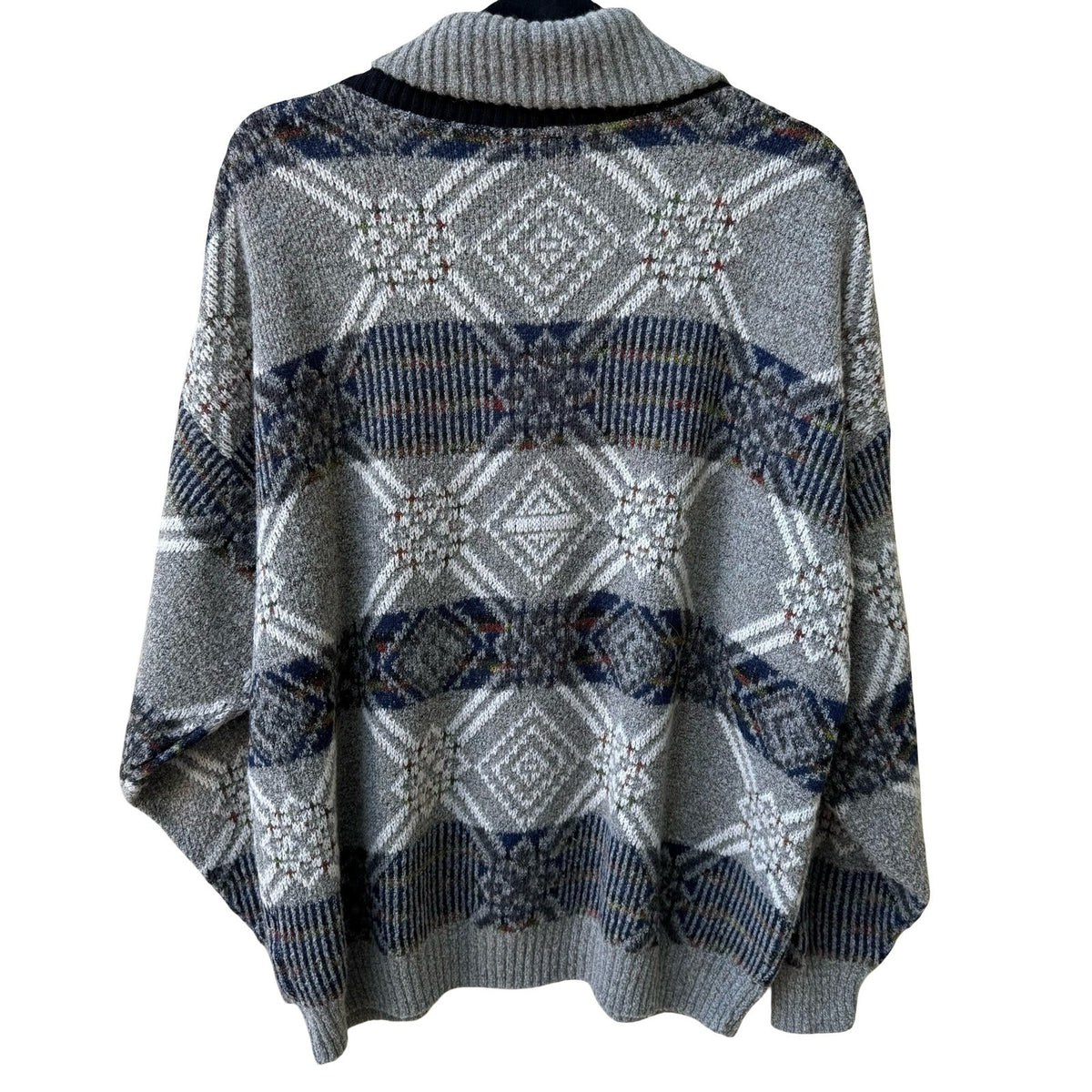 Fischer Vintage 90s Geometric Shawl Neck Oversized Knit Grandpa Sweater Mens