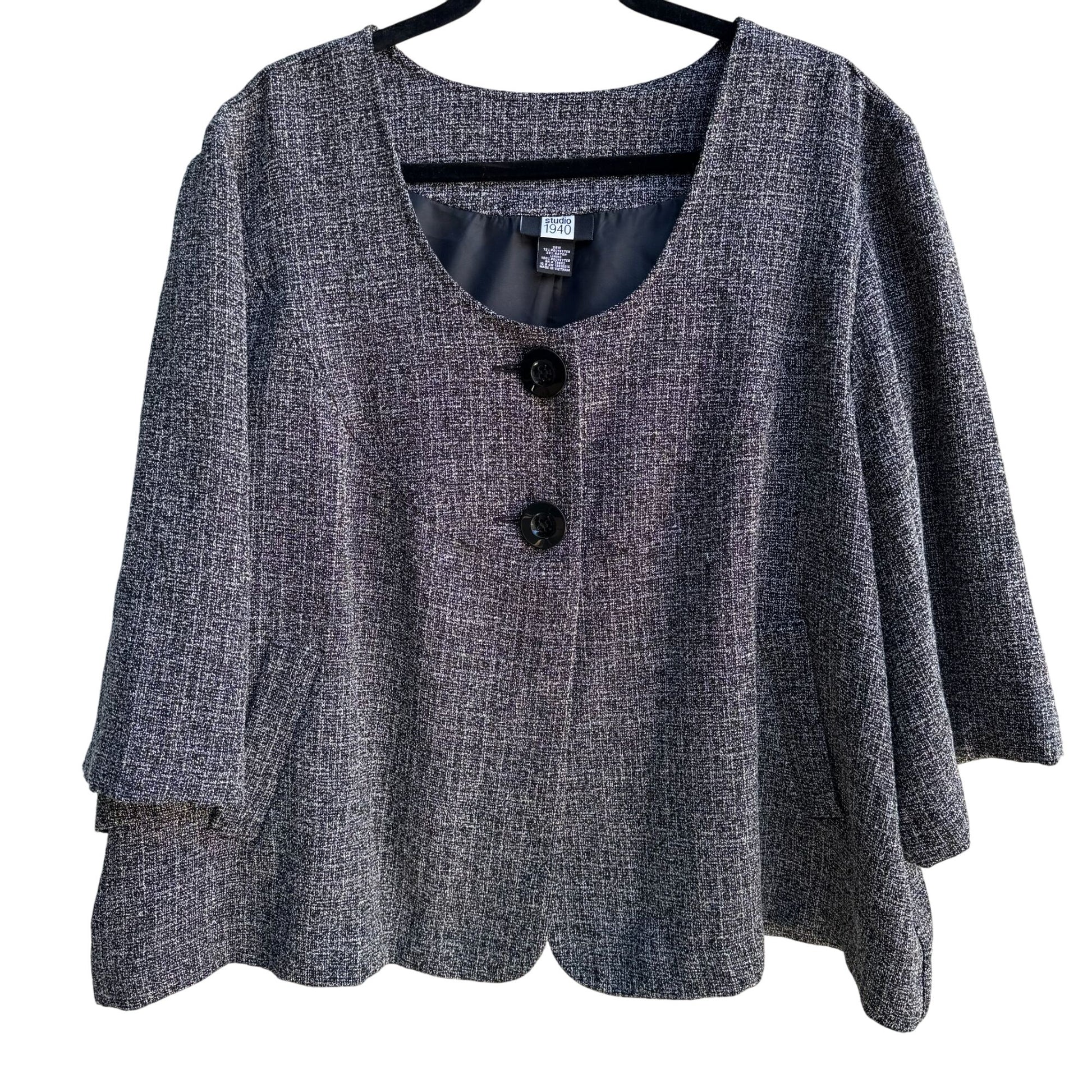 Studio 1940 Womens Plus Size Gray Scoop Neck Two Button Tweed Blazer Jacket 26W
