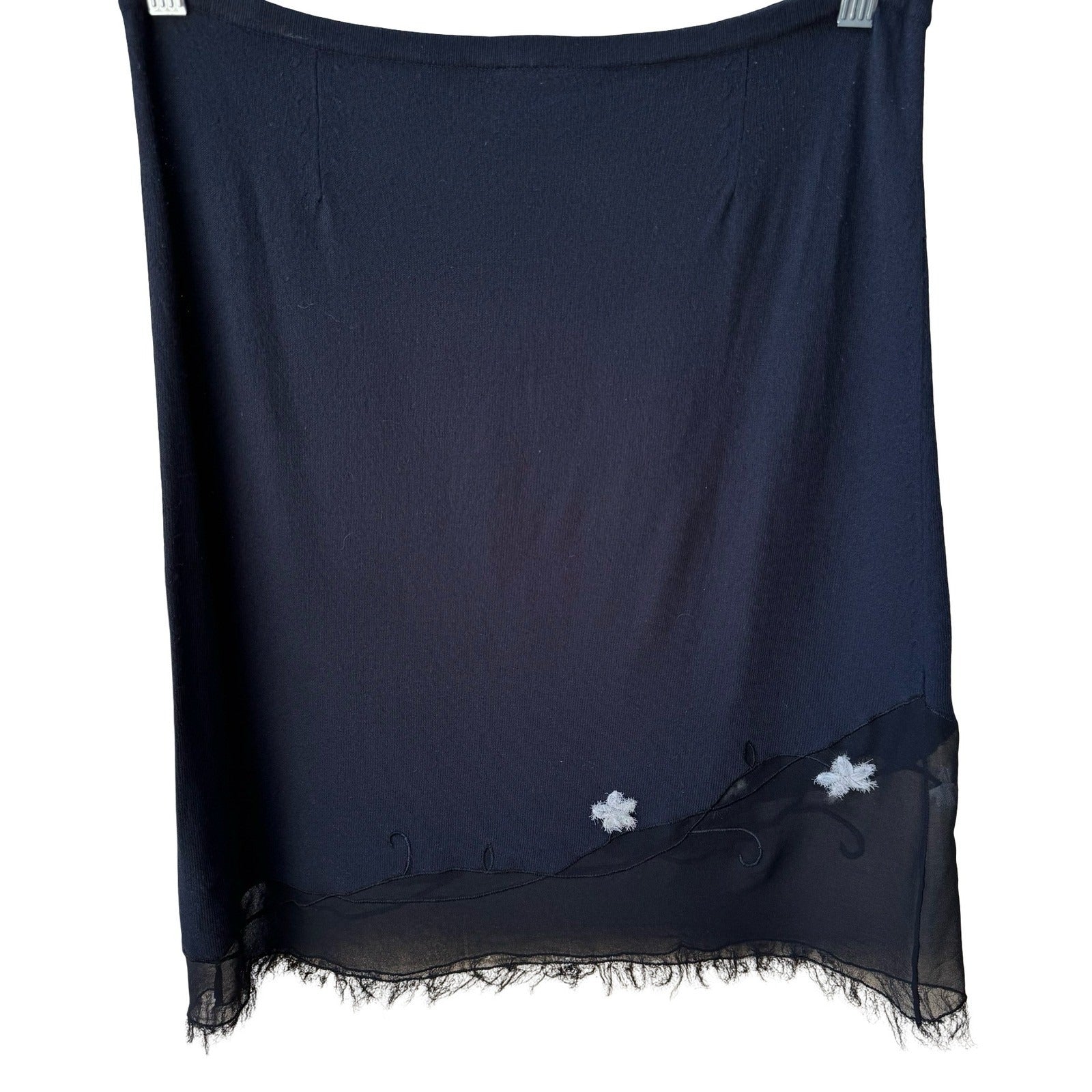 Easel Y2K Whimsigoth Boho Knit Fairy Midi Skirt Floral Embroidery Sheer Fray Hem