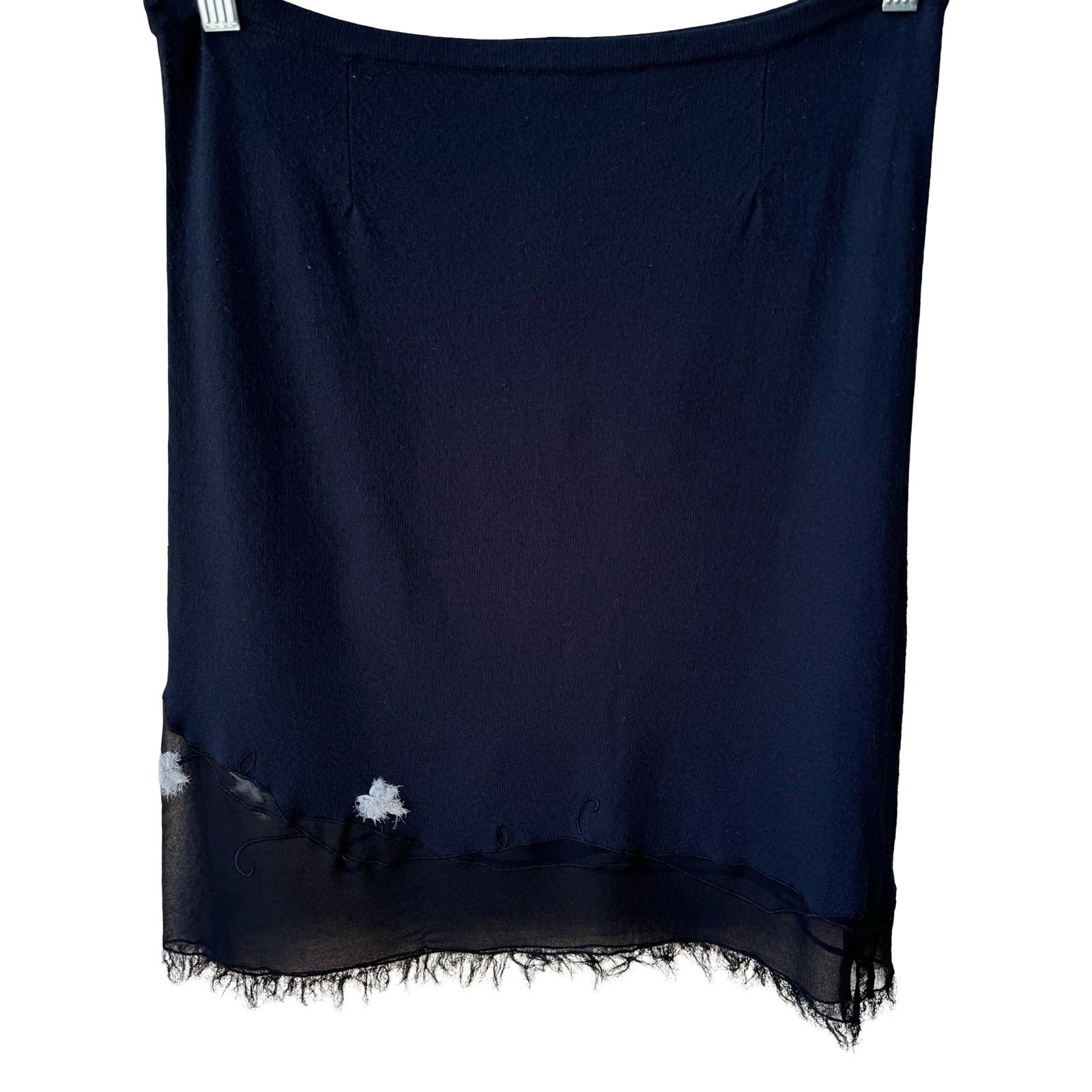 Easel Y2K Whimsigoth Boho Knit Fairy Midi Skirt Floral Embroidery Sheer Fray Hem
