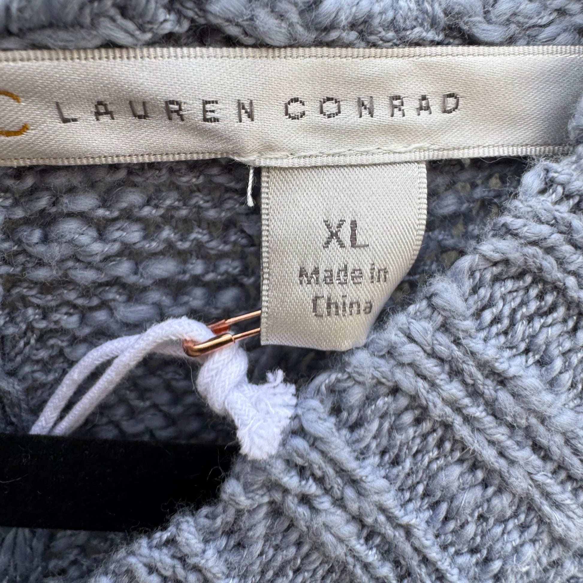 Lauren Conrad XL Blue Open-Knit Eyelet Sweater Ribbon Tie Back Cable Detail New