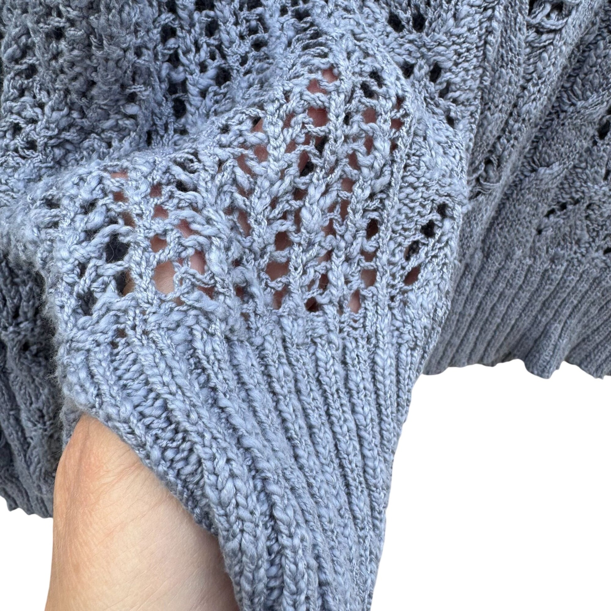 Lauren Conrad XL Blue Open-Knit Eyelet Sweater Ribbon Tie Back Cable Detail New