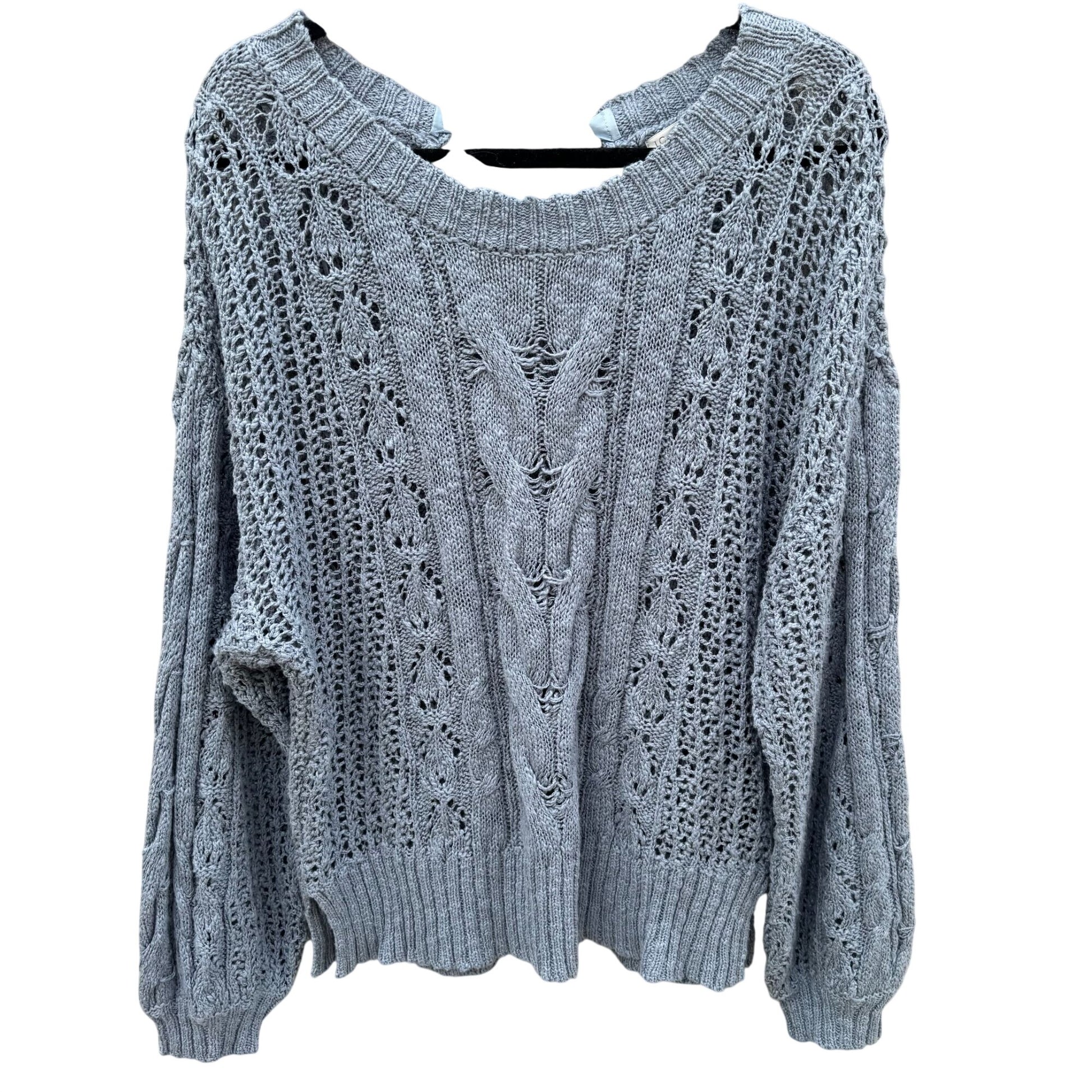 Lauren Conrad XL Blue Open-Knit Eyelet Sweater Ribbon Tie Back Cable Detail New