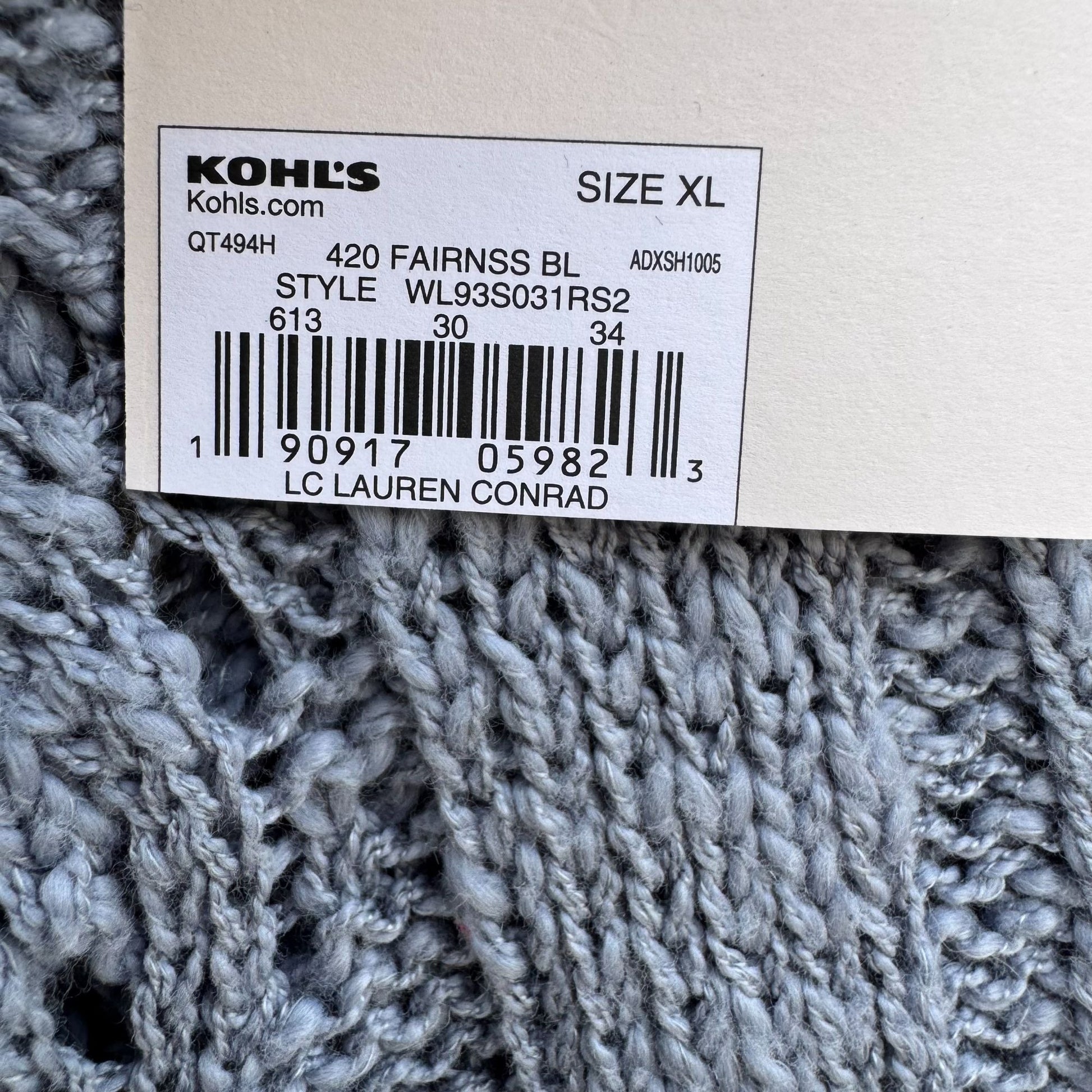 Lauren Conrad XL Blue Open-Knit Eyelet Sweater Ribbon Tie Back Cable Detail New