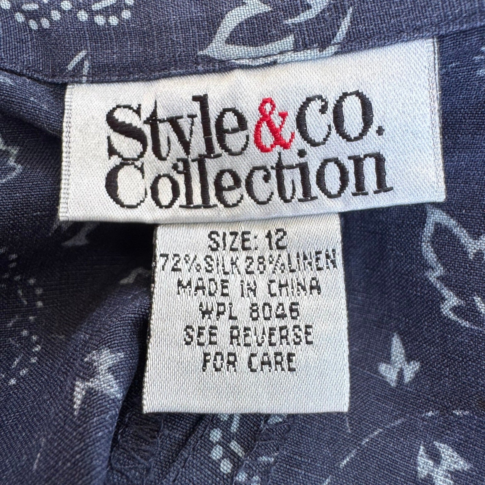 Style & Co Collection Silk Linen Floral Medallion Pants Navy Blue Womens 12