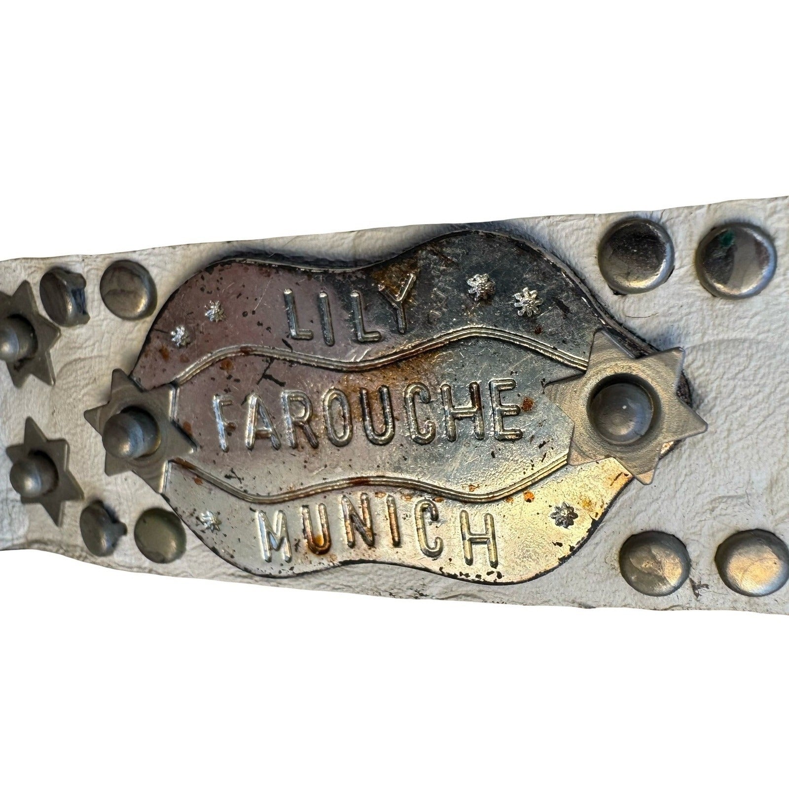 Lily Farouche Munich Vintage White Leather Studded Star Concho Belt West Germany