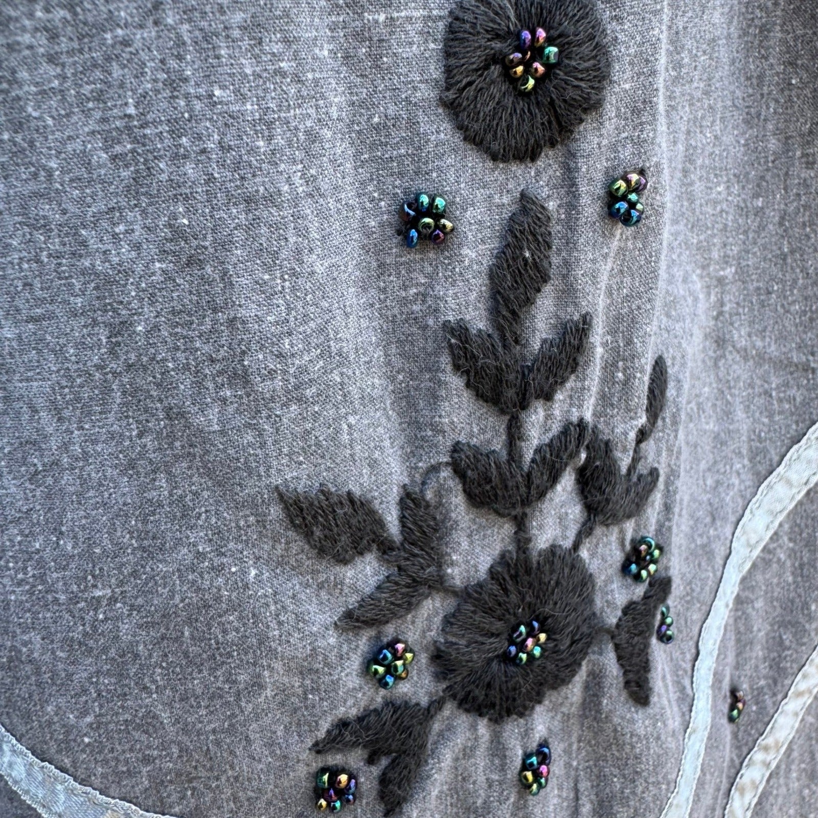Vintage 90s Grey Embroidered Floral Beaded Midi Skirt Pockets Boho Folk Peasant