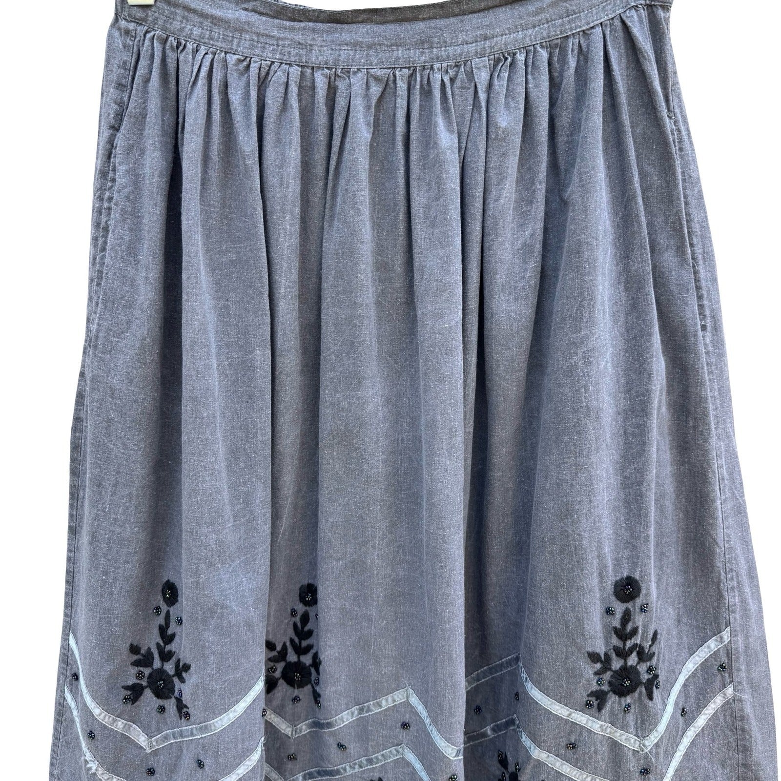 Vintage 90s Grey Embroidered Floral Beaded Midi Skirt Pockets Boho Folk Peasant