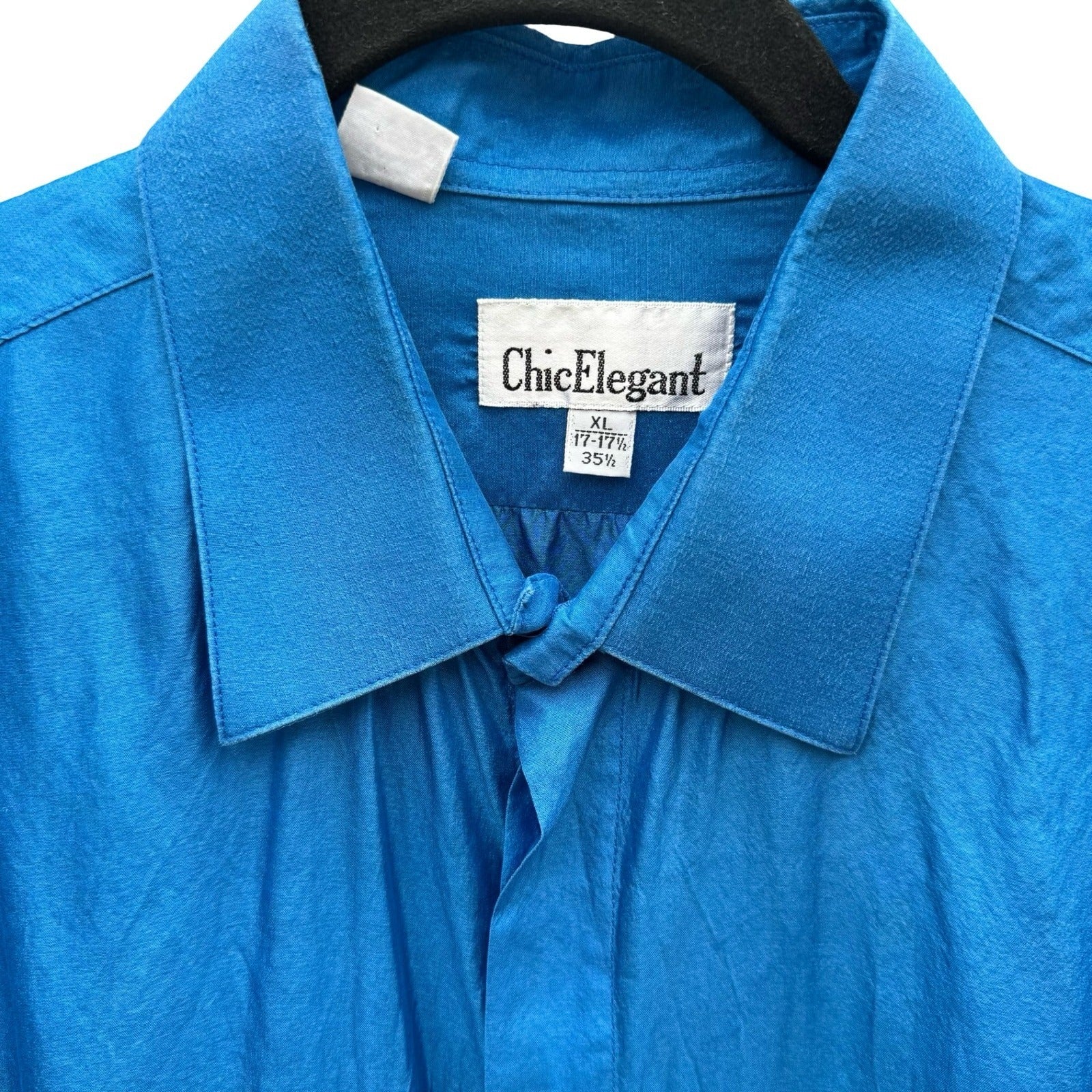 Chic Elegant Vintage 90s Mens XL Blue Silk Hidden Button Down Dress Shirt Luxury