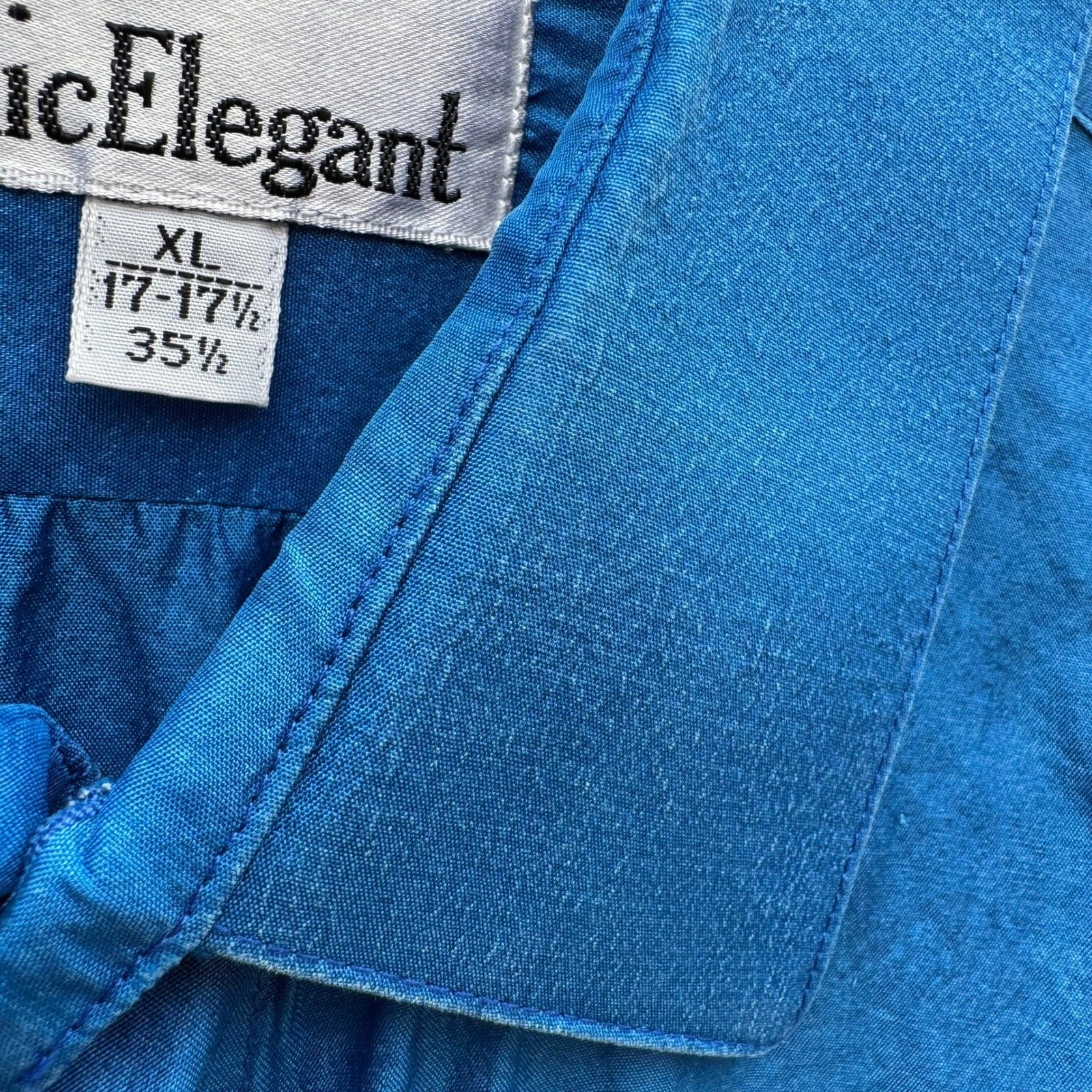 Chic Elegant Vintage 90s Mens XL Blue Silk Hidden Button Down Dress Shirt Luxury